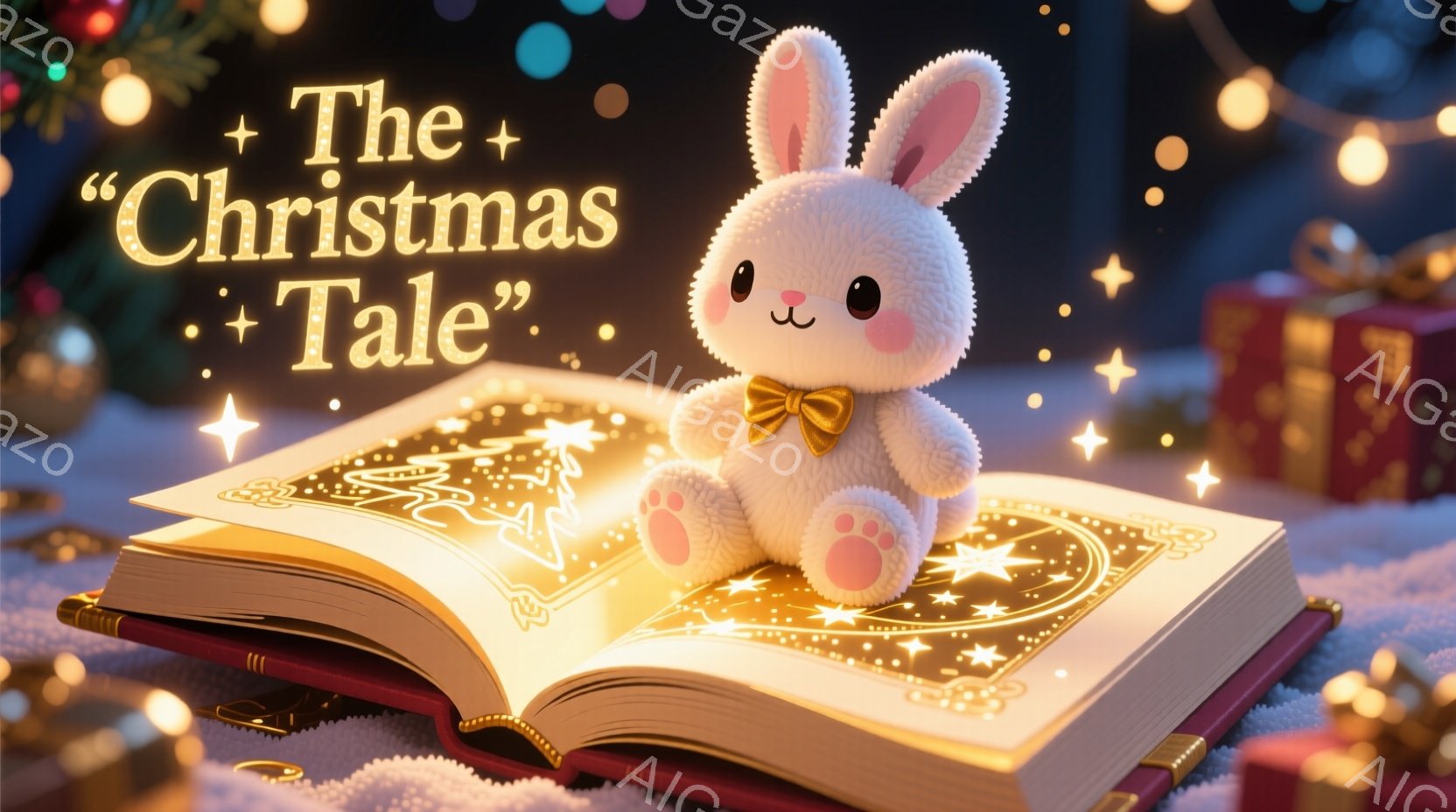 ふわふわの白いウサギの人形が、開かれた古書の上に座っています。ウサギはオレンジ色のリボンで結ばれており、ピンク色の足の裏が可愛らしいです。背景にはぼやけたクリスマスツリーの飾りや光が散りばめられており - AI生成フリー素材