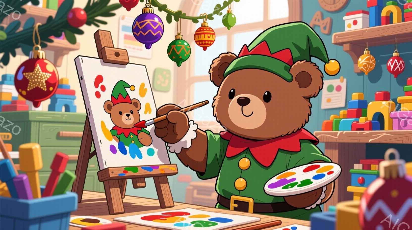 ぬいぐるみのようなクマが、緑色のエルフの帽子と赤い服を着て、絵を描いています。クマはイーゼルに向かって立ち、筆を持ってキャンバスに色を塗っており、楽しそうな表情をしています。背景には、おもちゃやクリスマスオーナメントが飾られた部屋があり、全体的に温かく、お祝いの雰囲気が漂っています。
