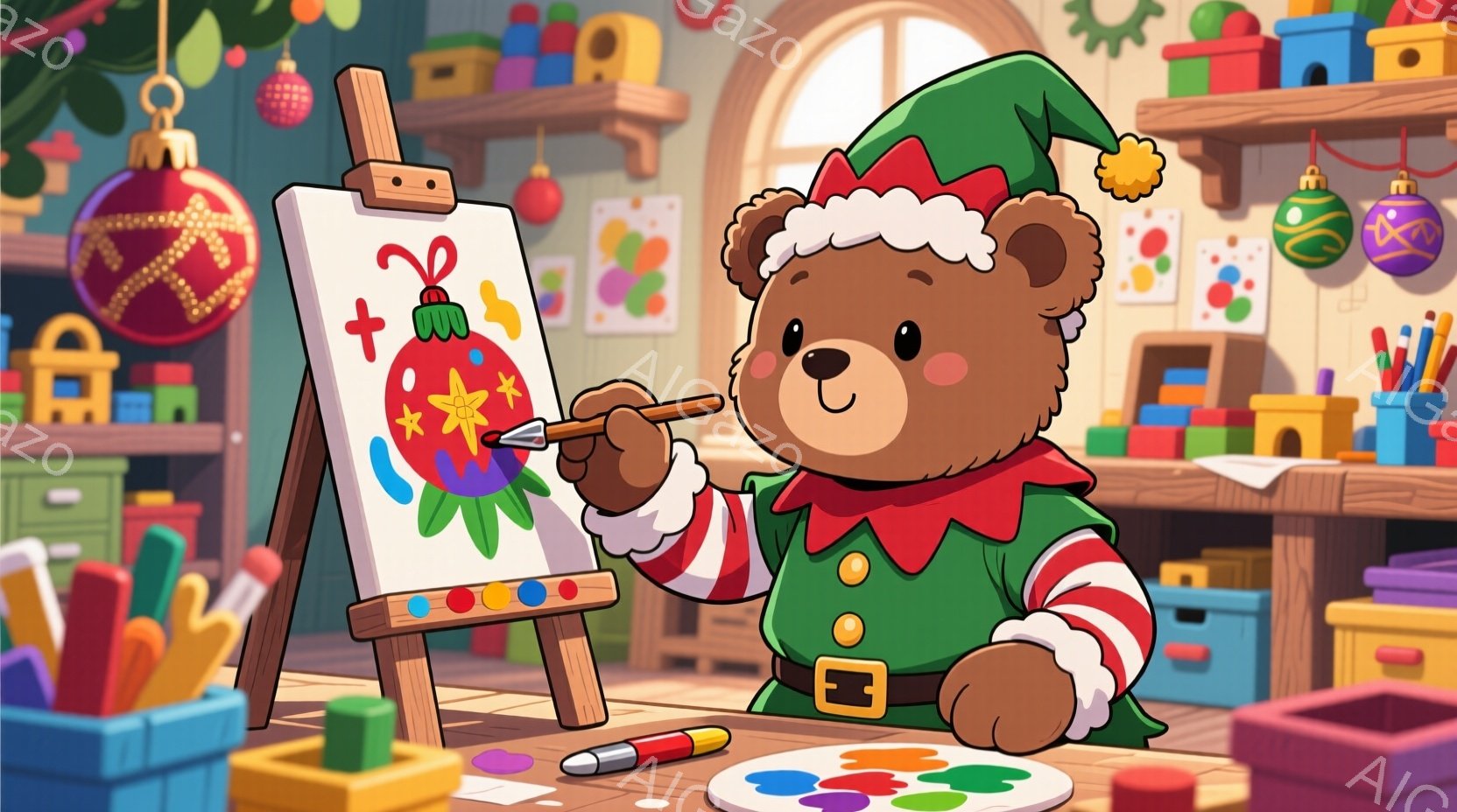 これは、クリスマスのエルフの衣装を着たクマのイラストです。クマは絵を描いており、緑色の帽子と赤いストライプの袖のある衣装を着ています。背景には、おもちゃや絵が飾られた明るいワークショップのような空間が広がっており、全体的に暖かく、クリエイティブな雰囲気が漂っています。