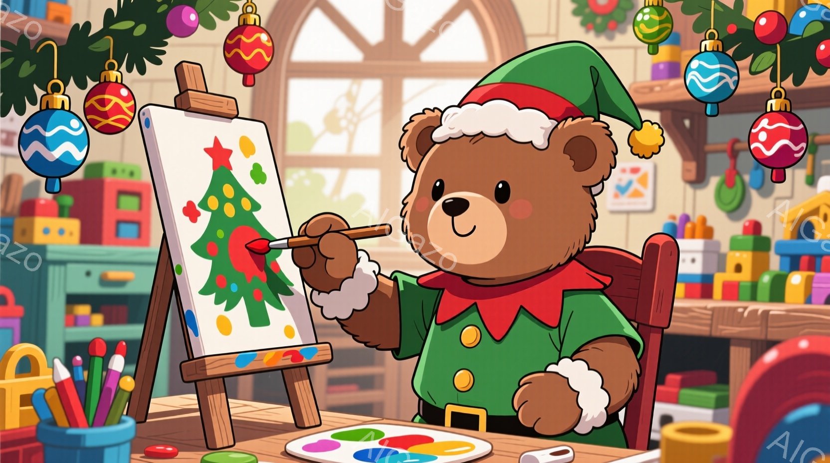 茶色のクマのぬいぐるみは、緑色のエルフの衣装を着て、絵を描いています。クマは赤い帽子をかぶり、筆を持ち、キャンバスにクリスマスツリーを描いており、楽しそうな表情をしています。背景には、おもちゃや建物が - AI生成フリー素材