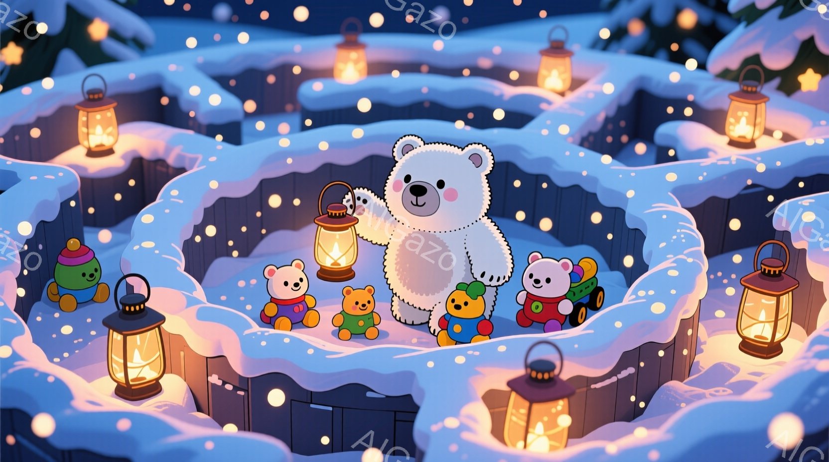 雪が降る夜、中央に大きな白くまが立っています。くまの周りには、小さなぬいぐるみがそれぞれランタンを持って並び、暖かく優しい光を放っています。背景は雪に覆われた柵で囲まれ、遠くには暗いシルエットの木々が見え、全体的に幻想的で平和な雰囲気が漂っています。