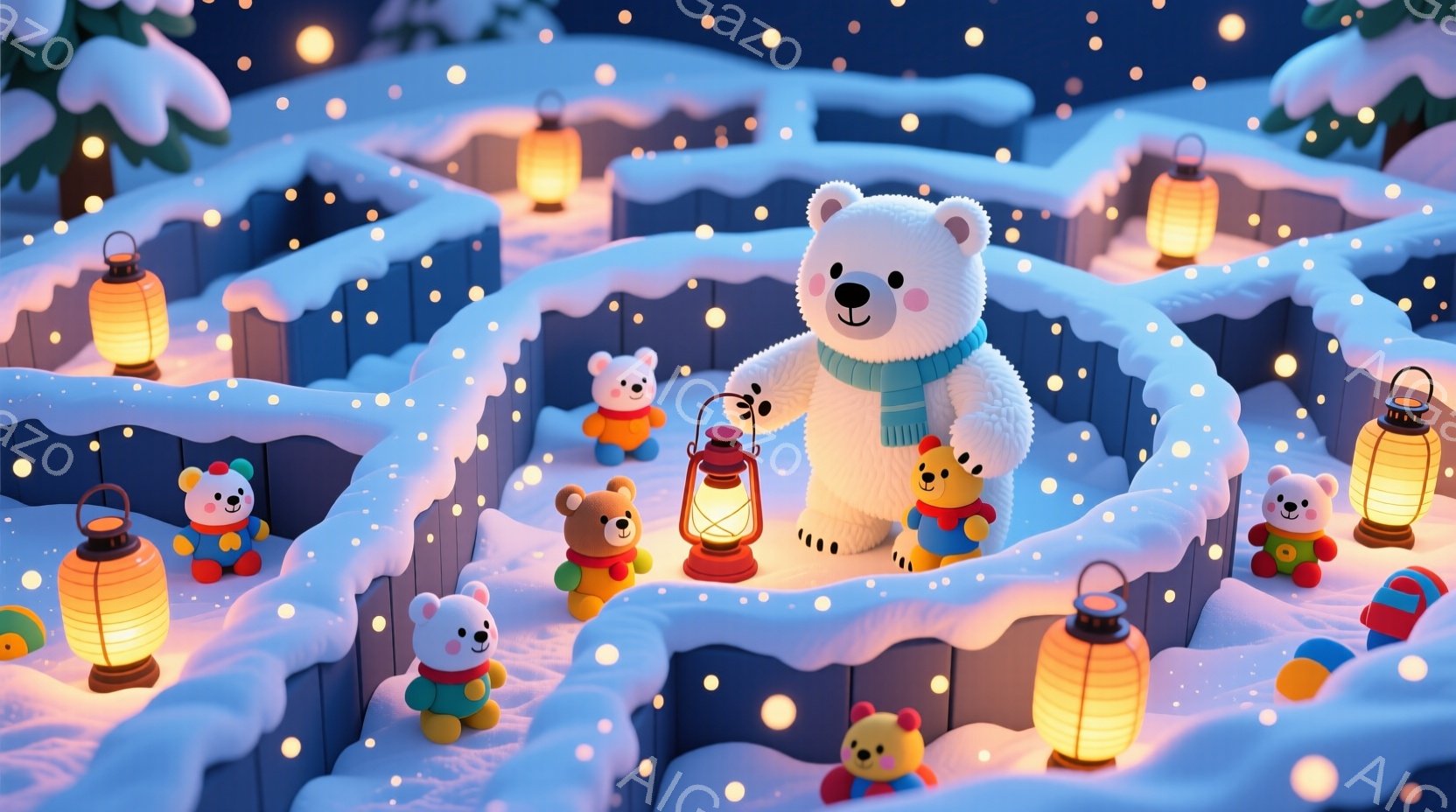 雪景色の中に、可愛らしいテディベアたちが並んでいます。大きな白くまはランタンを手に、他のクマたちを見守るように立っており、背景には雪で覆われた柵と、点灯されたランタンが並び、幻想的な雰囲気を醸し出しています。全体的に温かく、クリスマスのような暖かい雰囲気が感じられます。