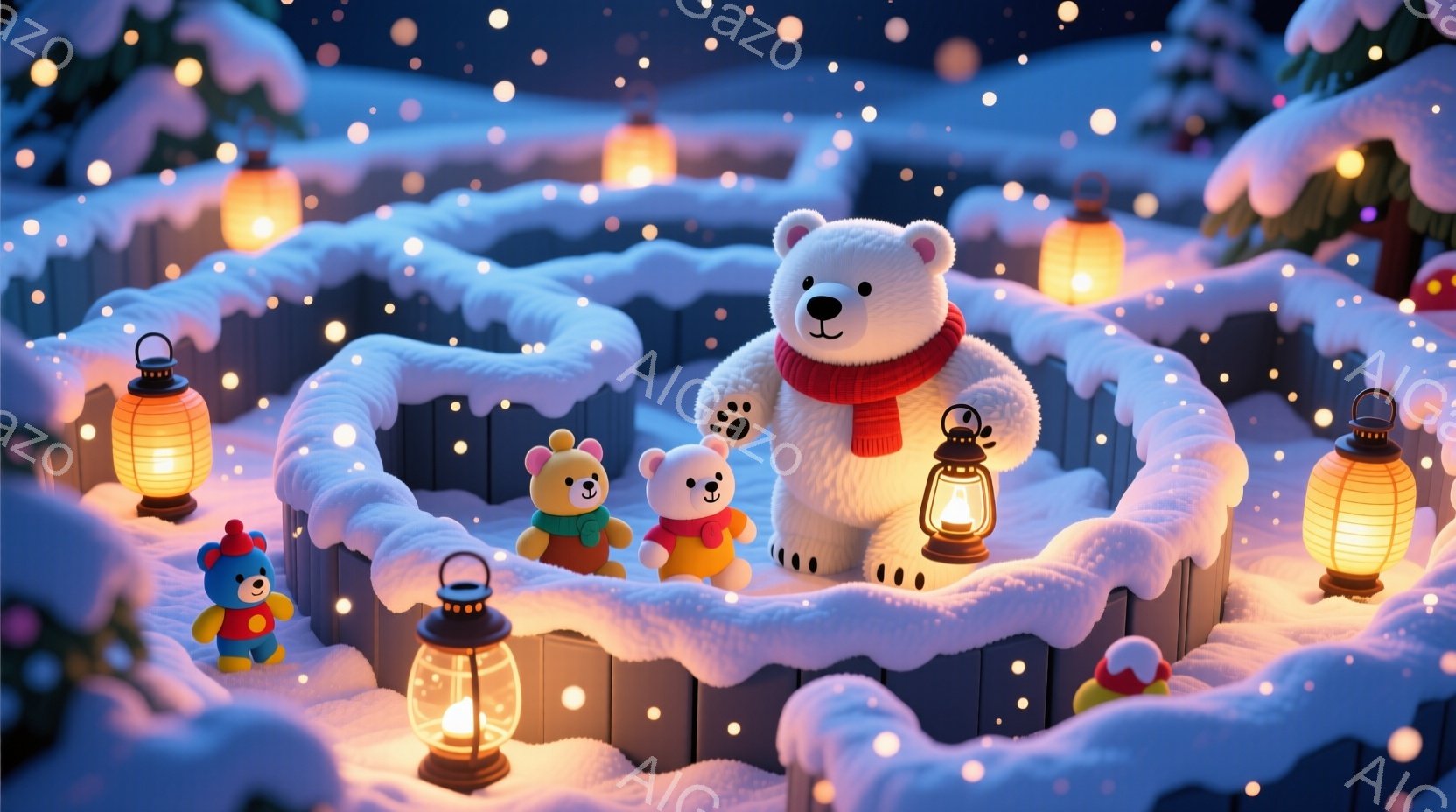 白い背景に雪が降り積もり、雪のフェンスで囲まれた空間に、大きな白いクマと三匹の小さなテディベアが並んでいます。クマは赤いマフラーを巻いており、テディベアたちはそれぞれ異なる色の服を着ています。暖かく優しい光を放つランタンが雪景色の中に点在し、幻想的な雰囲気を醸し出しています。
