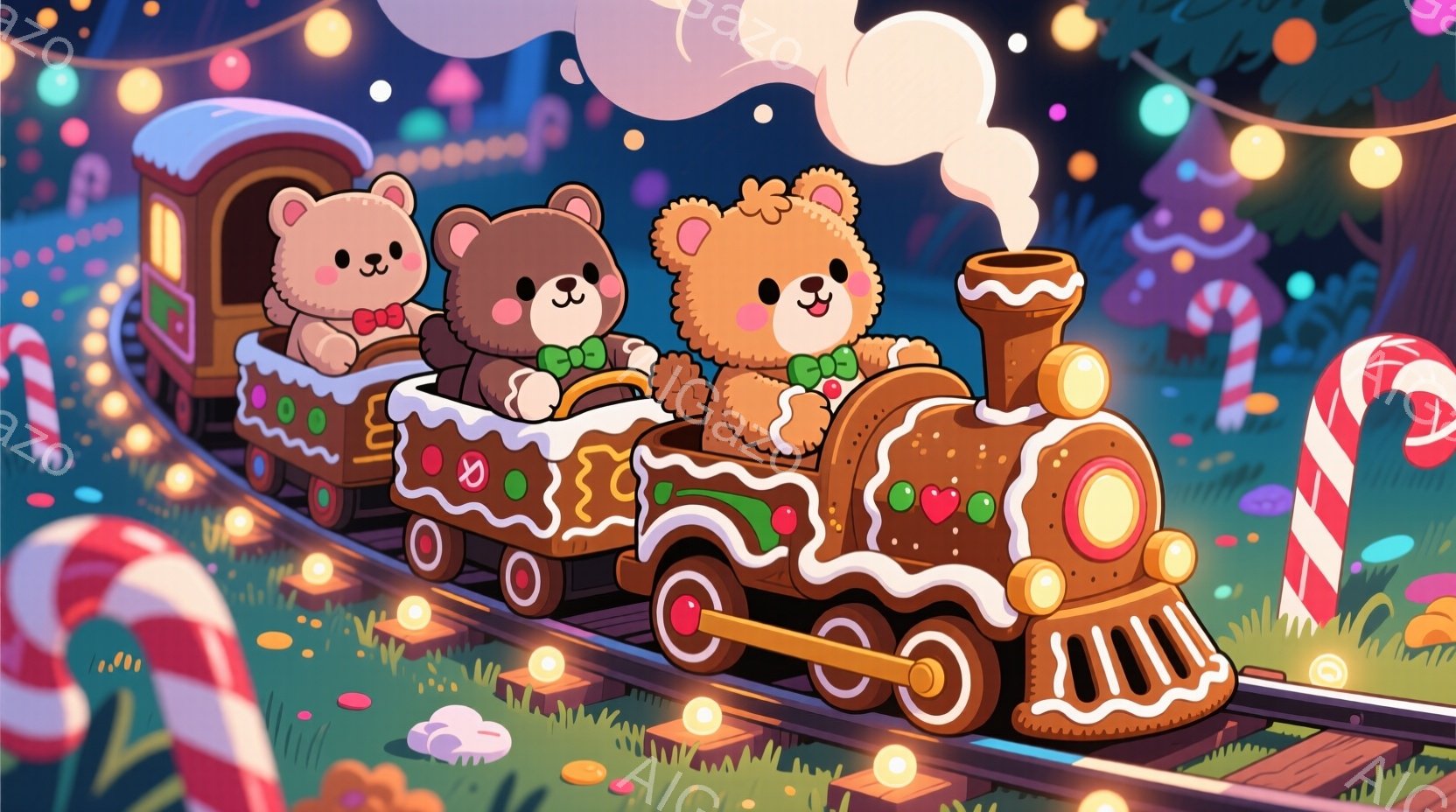 暖炉のような装飾が施された蒸気機関車に乗った三匹の可愛らしいクマが描かれています。それぞれ赤いリボン、緑のベスト、水色のリボンで飾り付けられ、楽しそうな表情をしています。背景にはキャンディケーンやカラフルなきのこが点在し、星空の下で幻想的な雰囲気を醸し出しています。
