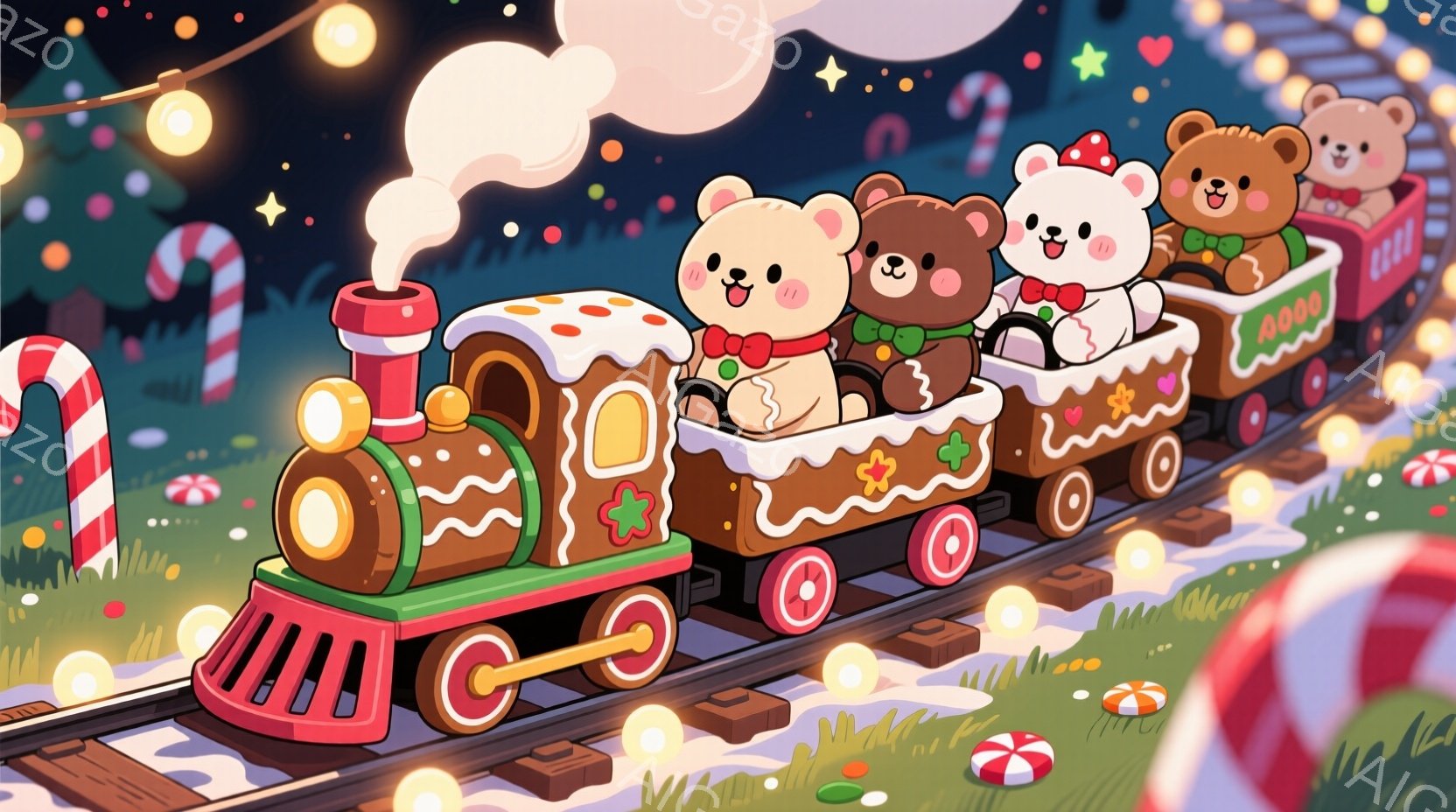 クッキーで作られた列車が雪の積もった線路を走っており、可愛らしいクマの乗客たちが乗っています。クマたちは赤い帽子をかぶり、それぞれ異なる表情で楽しそうに手を振っています。背景にはキャンディケインやキノ - AI生成フリー素材