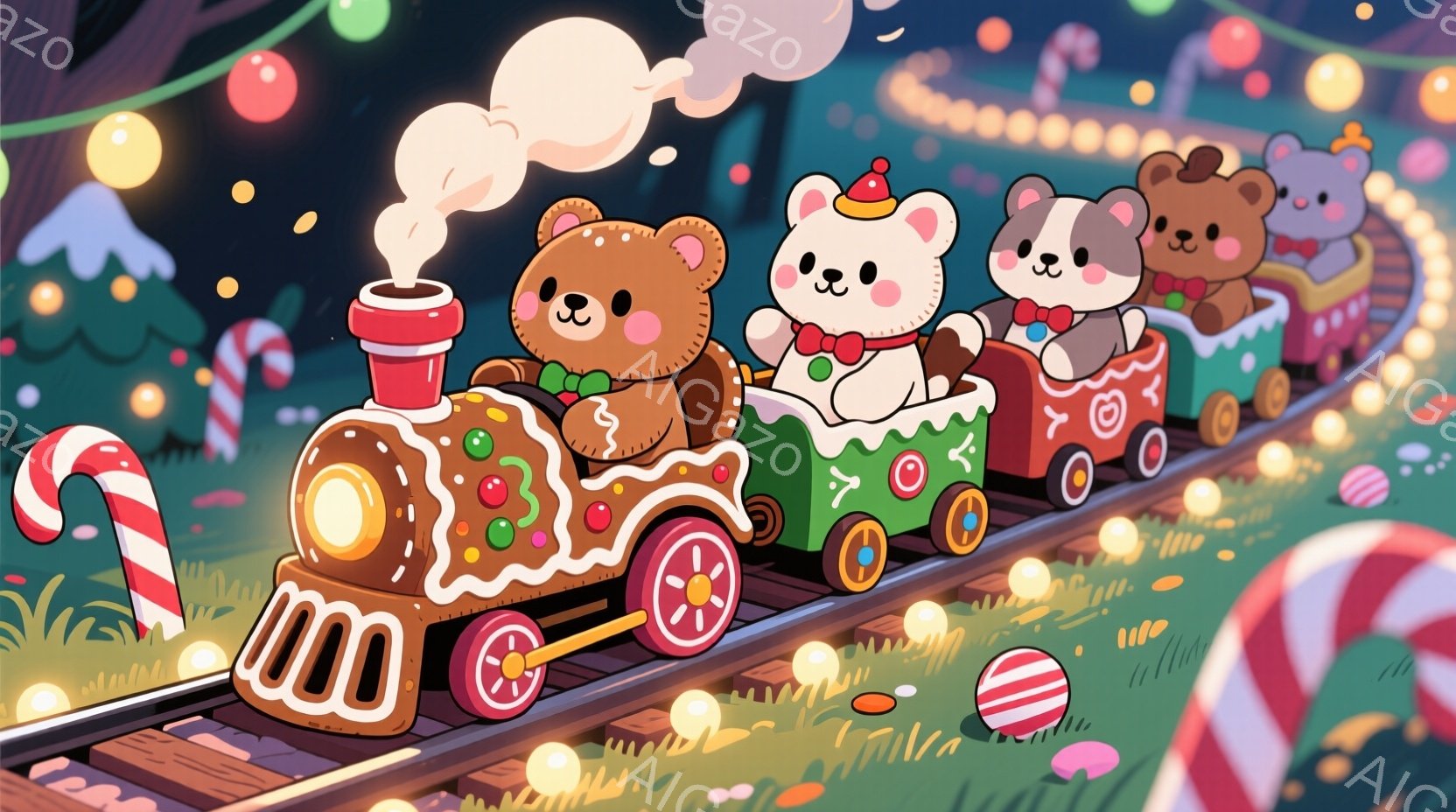 かわいいクマの仲間たちが、お菓子の列車に乗って楽しそうに走っています。列車はジンジャーブレッドハウスのように装飾され、それぞれのクマはクリスマスの衣装を着ています。背景にはきらめく光と、雪に覆われた緑 - AI生成フリー素材