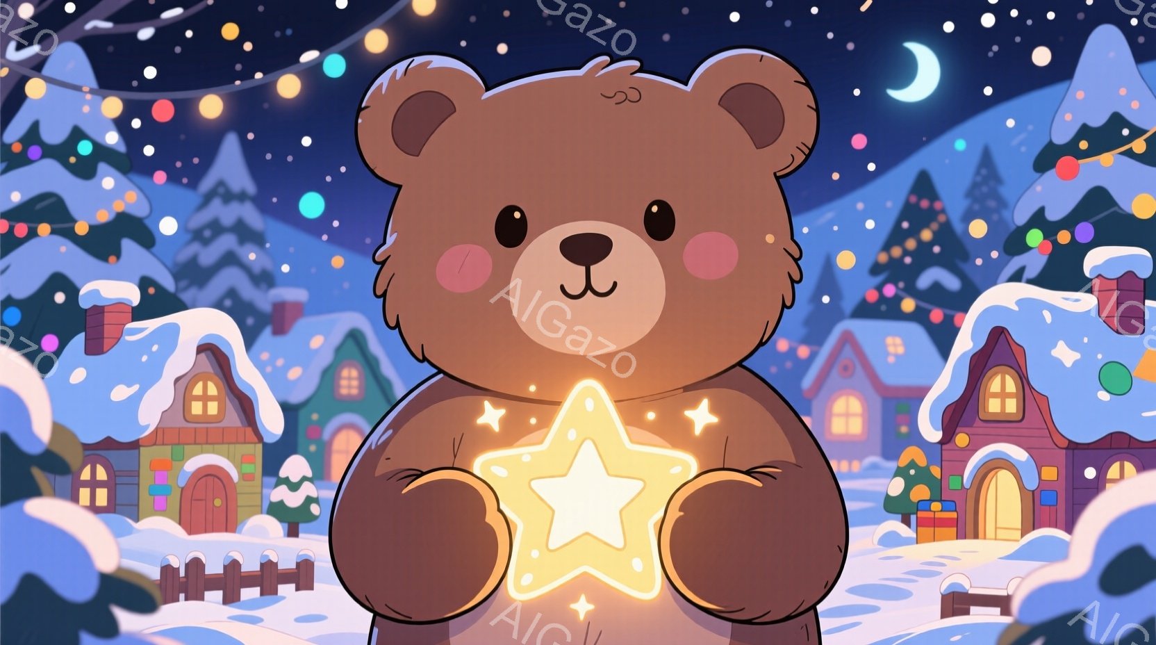 茶色のクマが両手で光る星形の光を抱えています。背景には雪で覆われた可愛らしい家々が並び、遠くには雪の積もった松の木が見えます。全体的に暖かく、幻想的な冬の夜の雰囲気が漂っています。 - AI生成フリー素材