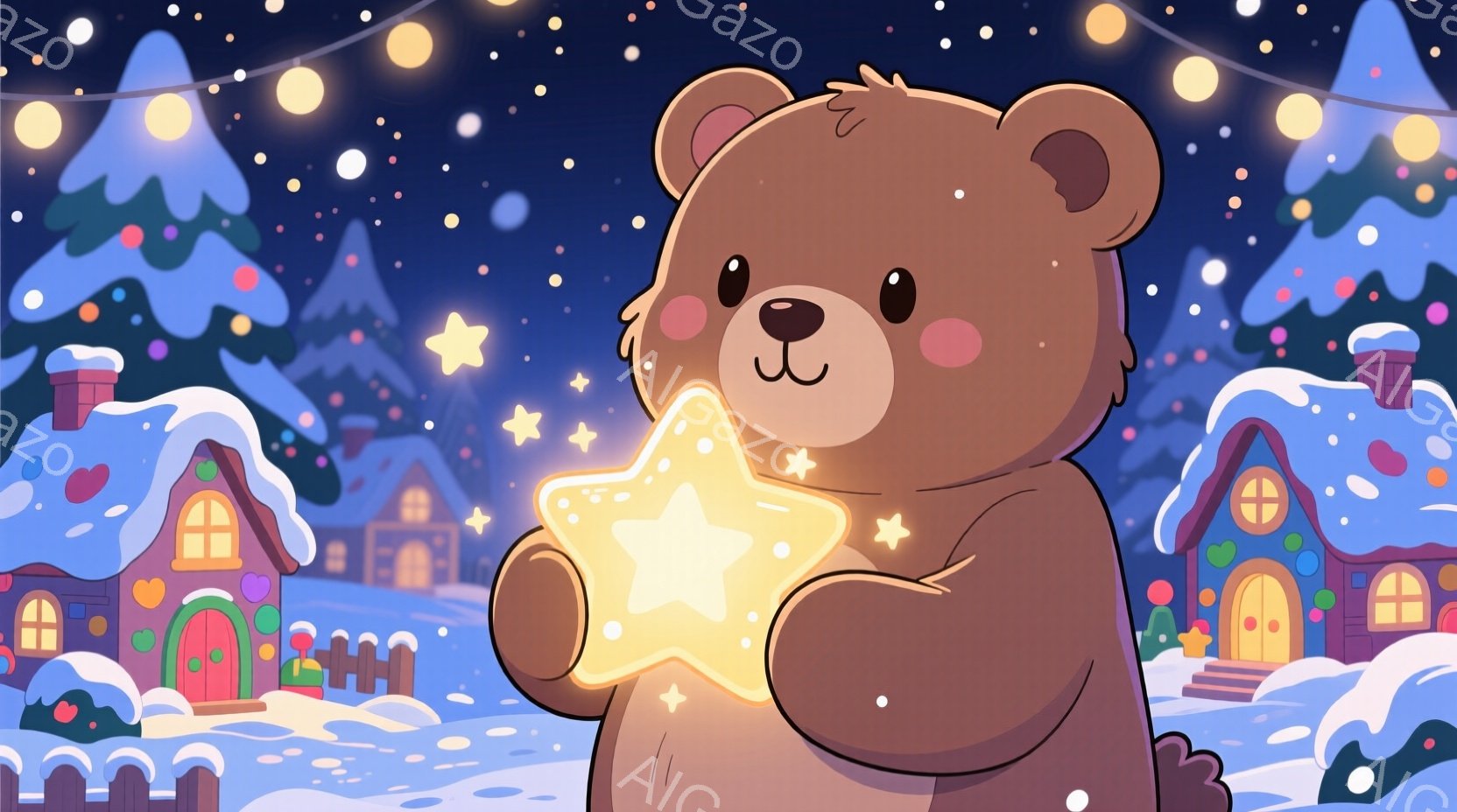茶色のクマが明るく輝く黄色い星を両手で抱えています。背景には雪で覆われた屋根の家々や、雪の積もった針葉樹林が広がり、空には無数の雪片と輝く星が散りばめられています。全体的に温かく、夢幻的で、冬の夜の穏 - AI生成フリー素材