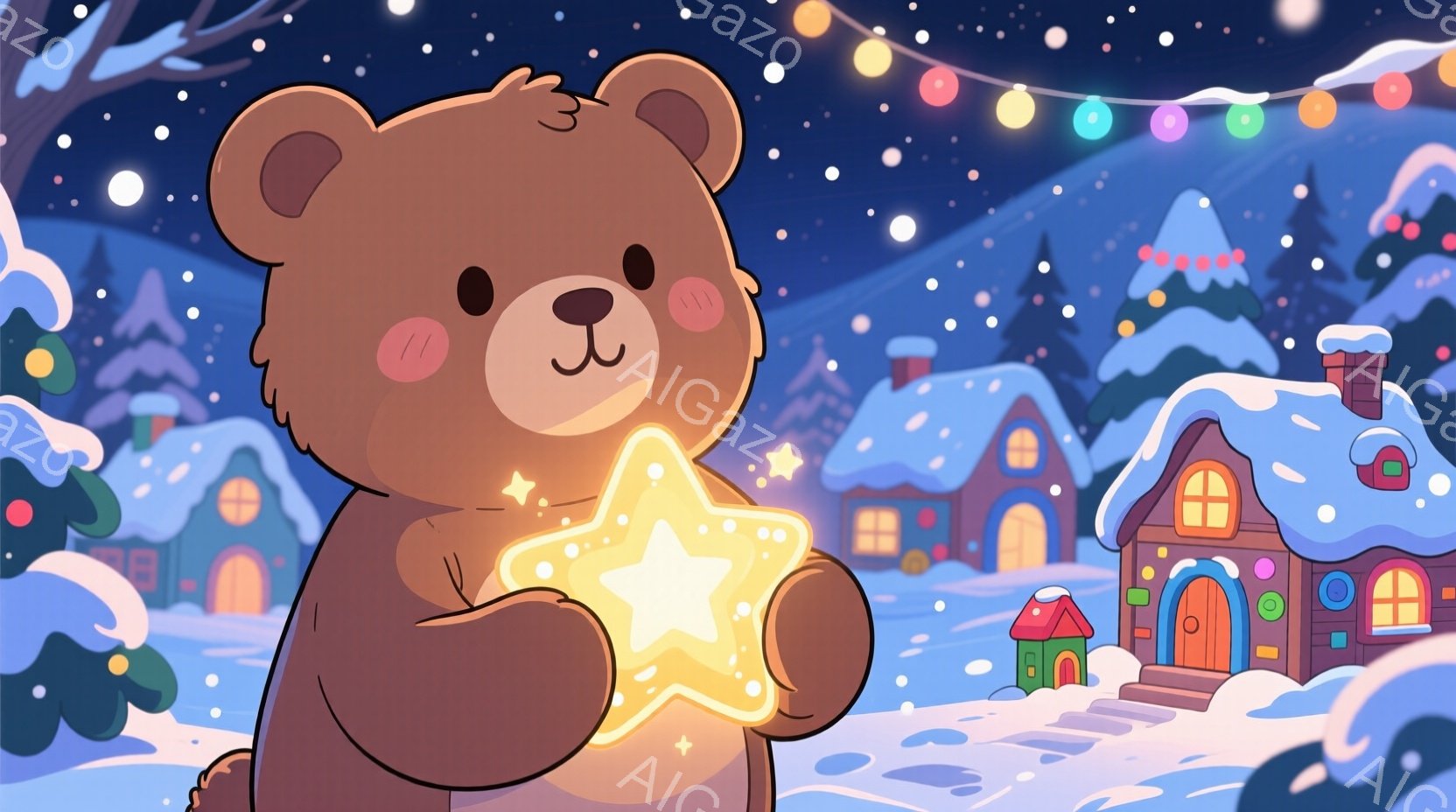 暖炉のような茶色のクマが、明るく光る星形の光を抱きしめています。背景には雪で覆われたかわいらしい家々が並び、雪が舞う夜空にはカラフルな電飾が飾られています。全体的に温かく幻想的な冬の雰囲気が漂っていま - AI生成フリー素材