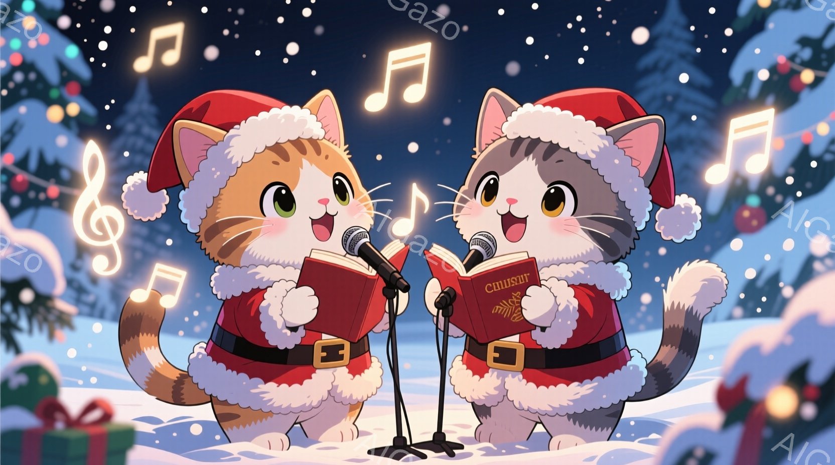 クリスマスの衣装を着た2匹の猫が描かれています。それぞれ赤い帽子と白いフリル付きのベストを着ており、片手に歌詞カード、もう片手でマイクを持って歌っています。背景には雪が降り積もり、クリスマスツリーやプ - AI生成フリー素材