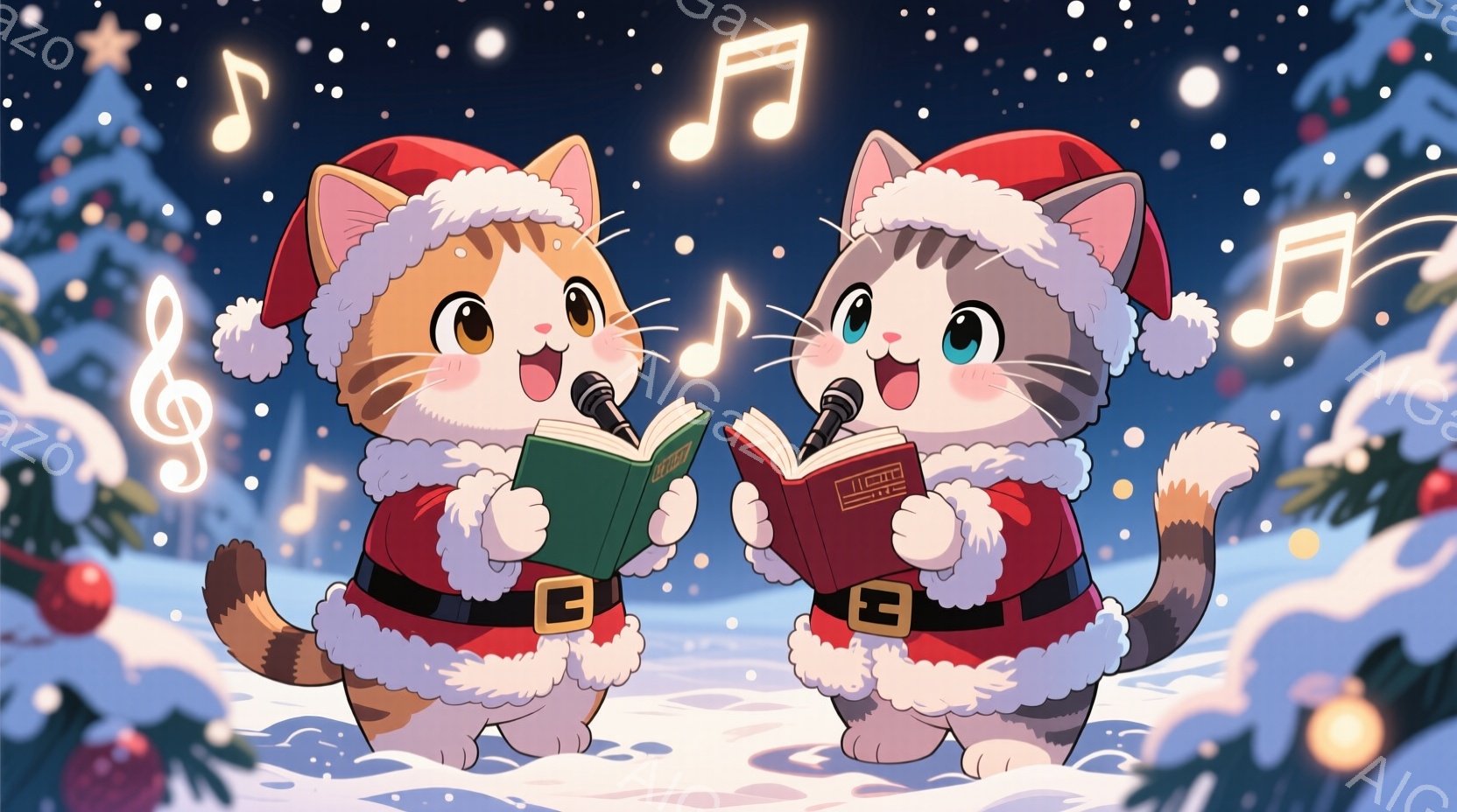 雪景色の中で、サンタの衣装を着た二匹の猫が歌っています。赤い帽子と白い毛皮の縁取りが施された衣装を着ており、それぞれ手に緑色の楽譜とマイクを持っています。背景には雪で覆われた木々とクリスマスのオーナメ - AI生成フリー素材