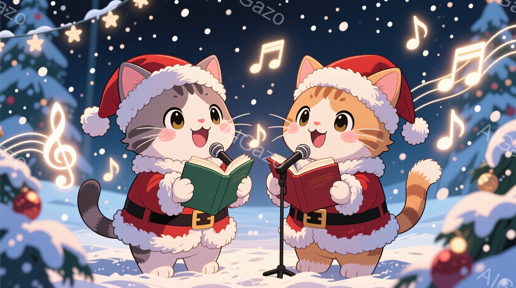サンタの帽子と衣装を着た2匹の猫が描かれています。彼らはそれぞれ楽譜を見ながらマイクに向かって歌っており、表情は明るく楽しそうです。背景には雪が降り積もる冬の森が描かれ、クリスマスのオーナメントや星が - AI生成フリー素材