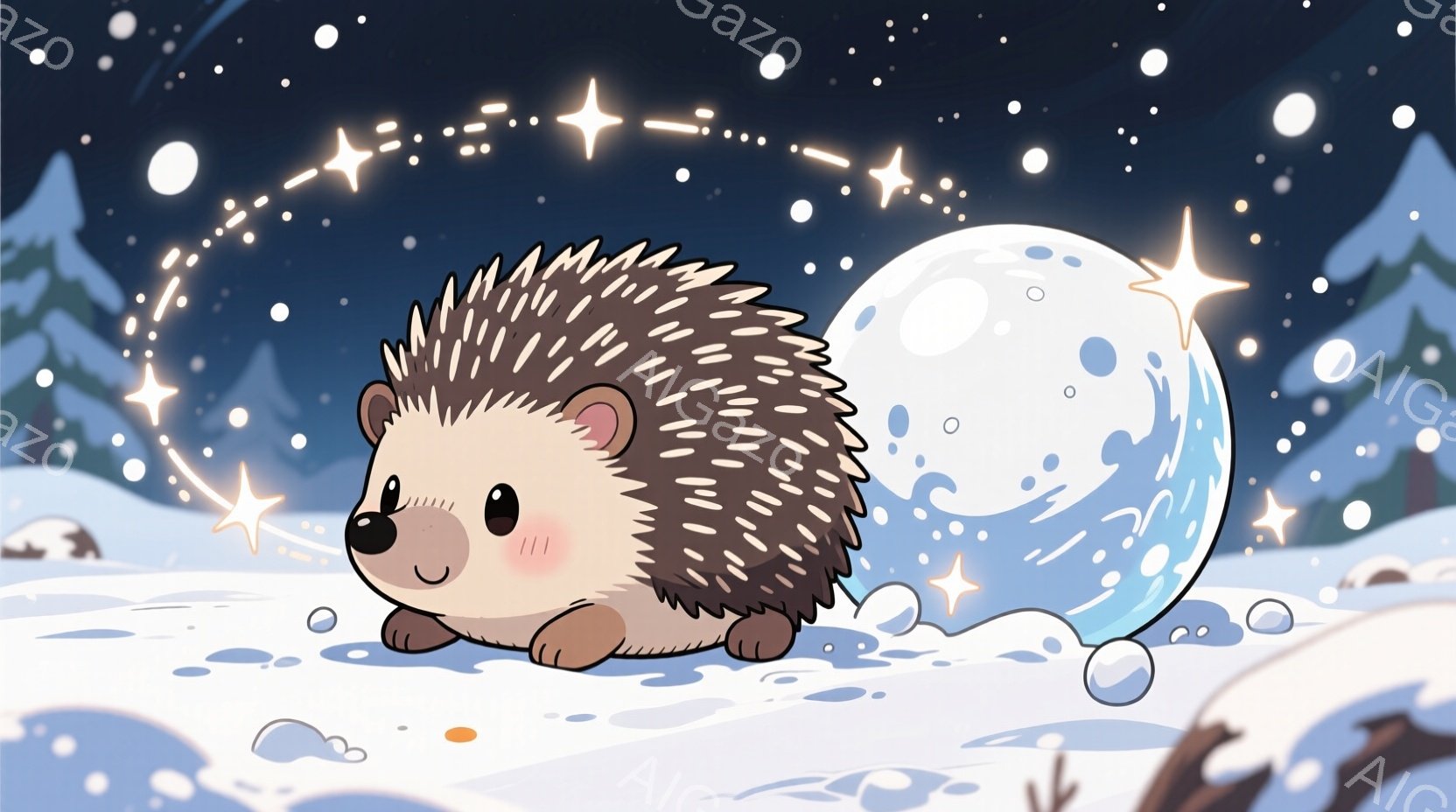 雪景色の中に、可愛らしいハリネズミが描かれています。ピンク色の頬とキラキラした瞳が印象的で、ちょこんと座って冬の夜空を見上げているようなポーズをとっています。背景には雪に覆われた木々と、輝く星空が広がり、幻想的な雰囲気を醸し出しています。