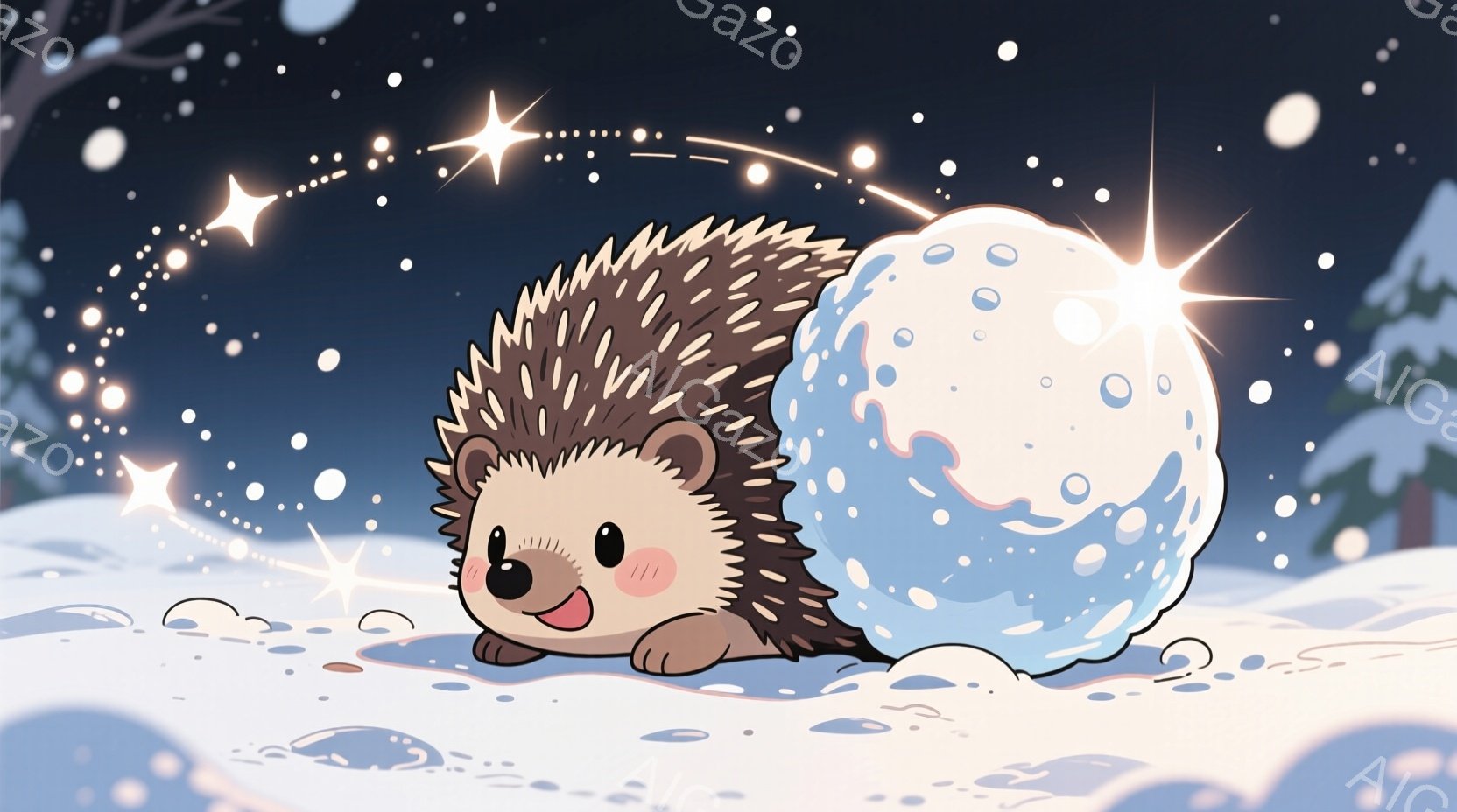 雪景色の中に、可愛らしいハリネズミが大きな雪玉を転がしています。ハリネズミはピンクの鼻と頬を持っており、楽しそうに口を開けて笑顔を見せています。背景には雪に覆われた木々があり、雪片が舞い散る冬の幻想的な雰囲気を醸し出しています。