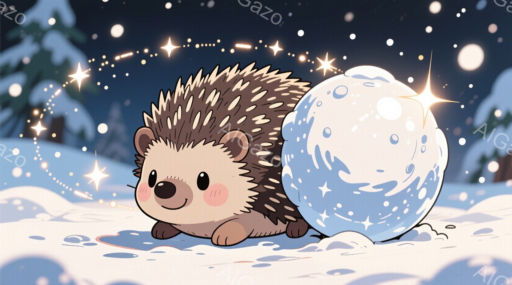 雪景色の中に、丸い雪玉を転がしている可愛らしいハリネズミが描かれています。ピンクの頬とつぶらな瞳が特徴で、雪玉に集中した表情をしています。背景には雪の降る森が広がり、キラキラとした光が舞い、幻想的な冬の雰囲気を醸し出しています。
