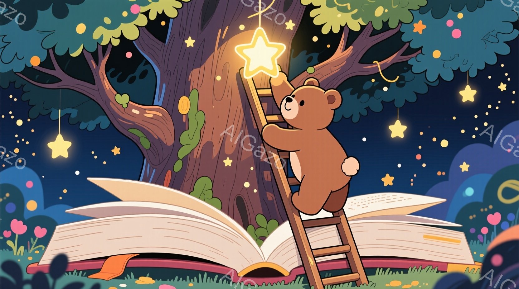 茶色のクマが、開いた大きな本の横にある梯子を登っています。周りには星やハート形の光が散りばめられ、背景には緑豊かな木々と草地が広がっています。全体的に、夢と希望に満ちた、温かく幻想的な雰囲気です。