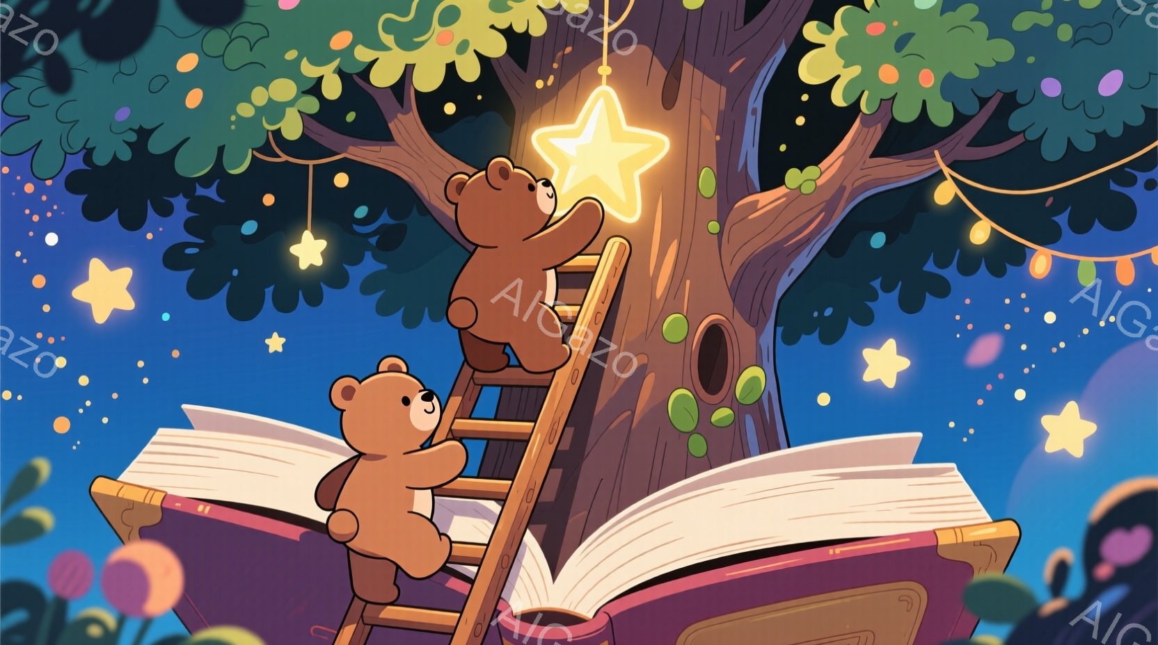 暖かく優しい雰囲気のイラストで、二匹のテディベアが大きな木のそばに立っています。一匹は梯子にもたれて輝く星に手を伸ばし、もう一匹は地面に置かれた開いた本を見上げています。背景には、暗い青色の空に散らば - AI生成フリー素材