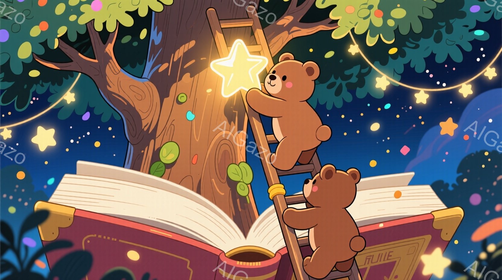 大きな絵本から生えた木の上に、小さな茶色のクマが梯子を登っています。クマは片手に星型の光を掲げ、嬉しそうな表情をしています。背景は暗い夜空で、星が散りばめられており、絵本から生えた木とクマの姿がファンタジックな雰囲気を醸し出しています。