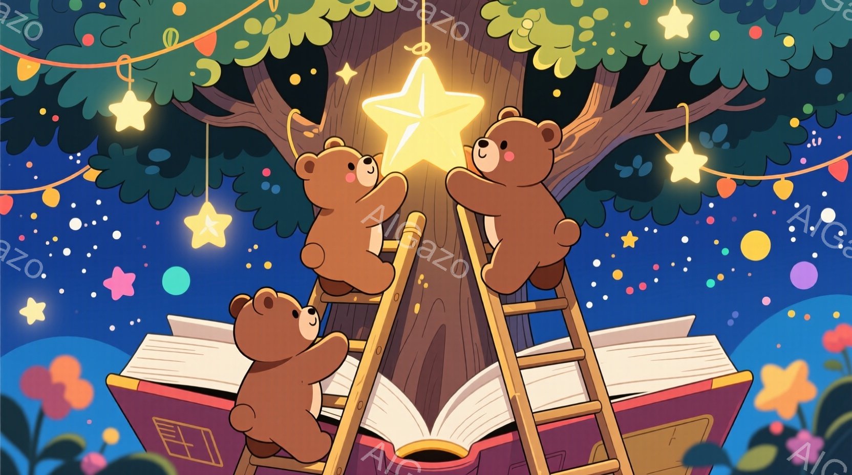 三匹のクマが木の上の星に手を伸ばしています。クマたちは茶色い毛並みで、それぞれ梯子の上で異なるポーズをとっており、楽しそうな表情をしています。背景には開いた本、花、そして夜空に輝く星々が描かれており、夢見がちな温かい雰囲気が漂っています。