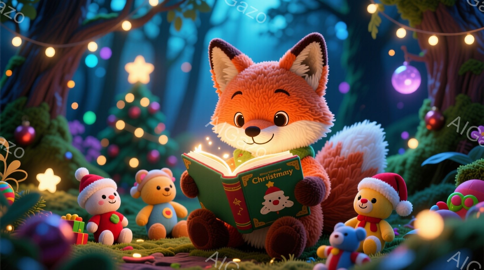 鮮やかな背景の中で、オレンジ色のキツネが緑の草の上に座り、緑色の表紙の絵本を熱心に読んでいる。キツネの周りには、クリスマスツリーの飾りやプレゼント、そして小さなテディベアの人形たちが集まり、祝祭的な雰 - AI生成フリー素材
