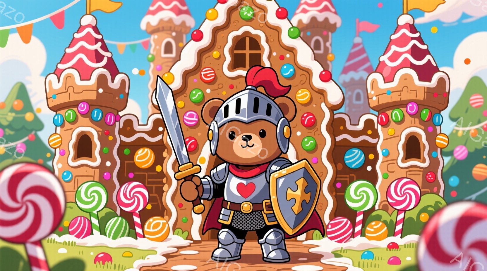 小さなクマの騎士が、中世風の鎧を身につけ、剣と盾を持って立っている。背景には、キャンディやクッキーでできたおとぎ話のような建物が並び、まるで甘いお菓子の国のような雰囲気である。全体的に鮮やかでカラフル - AI生成フリー素材