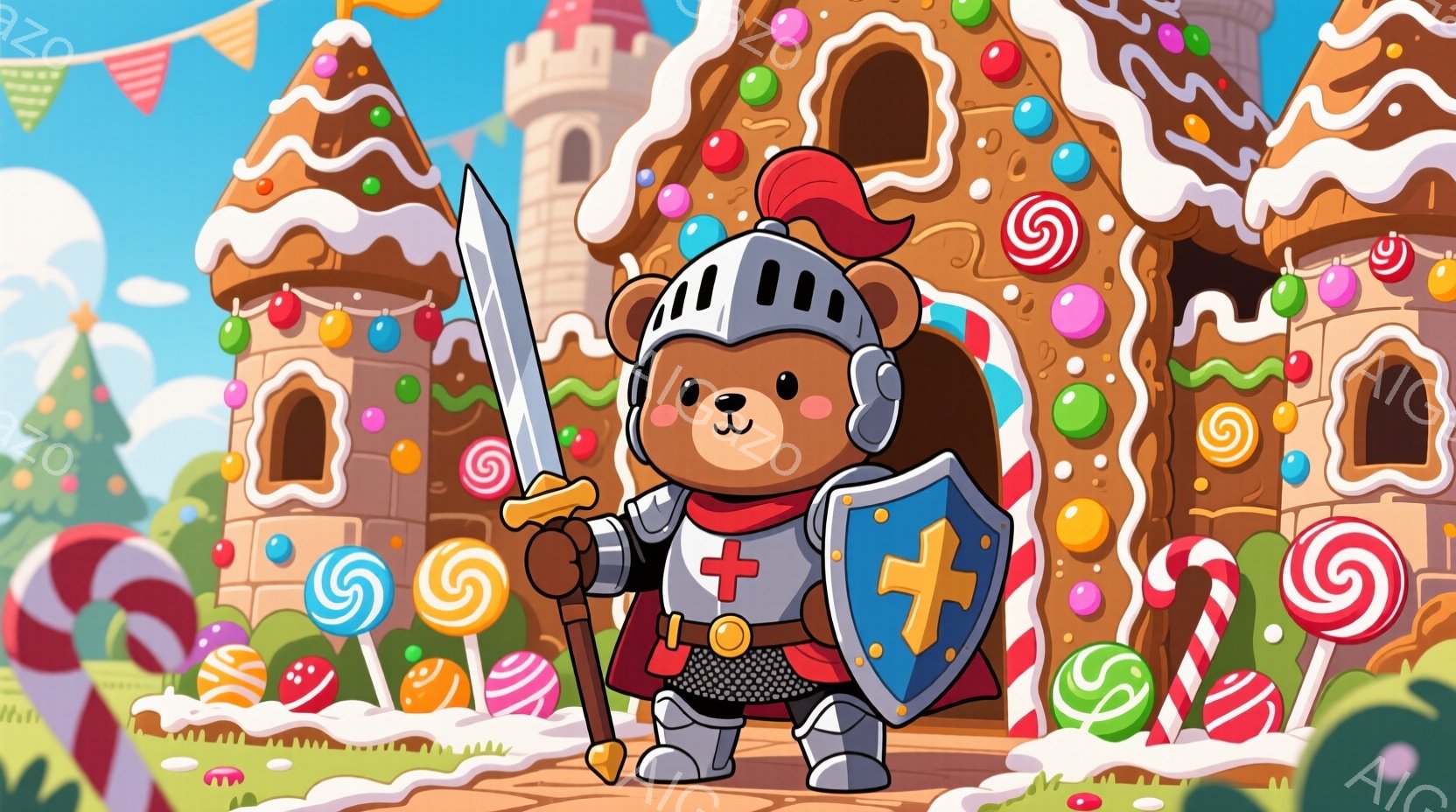 可愛らしいクマの騎士が、中世風の鎧を身につけ、剣と盾を持って立っています。背景には、キャンディやロリポップで飾られたお菓子の家があり、まるで絵本のような甘くて幻想的な世界が広がっています。全体的に明るくカラフルで、遊び心に満ちた温かい雰囲気が漂っています。