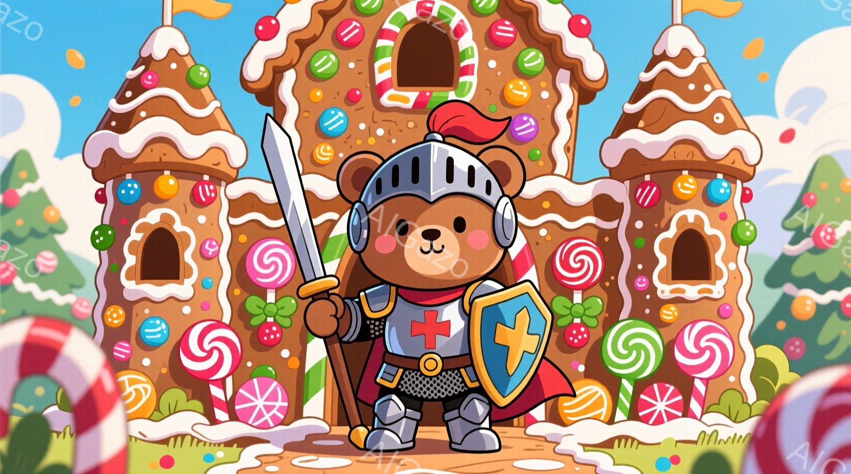 茶色のクマの騎士が、中世風の鎧を身に着け、手に剣、盾を構えて立っている。背景には、キャンディやクッキーで飾られたお菓子の家が並び、まるでファンタジーの世界のようだ。全体的に明るく、可愛らしい雰囲気で、お祭りやクリスマスのイラストとして最適に見える。