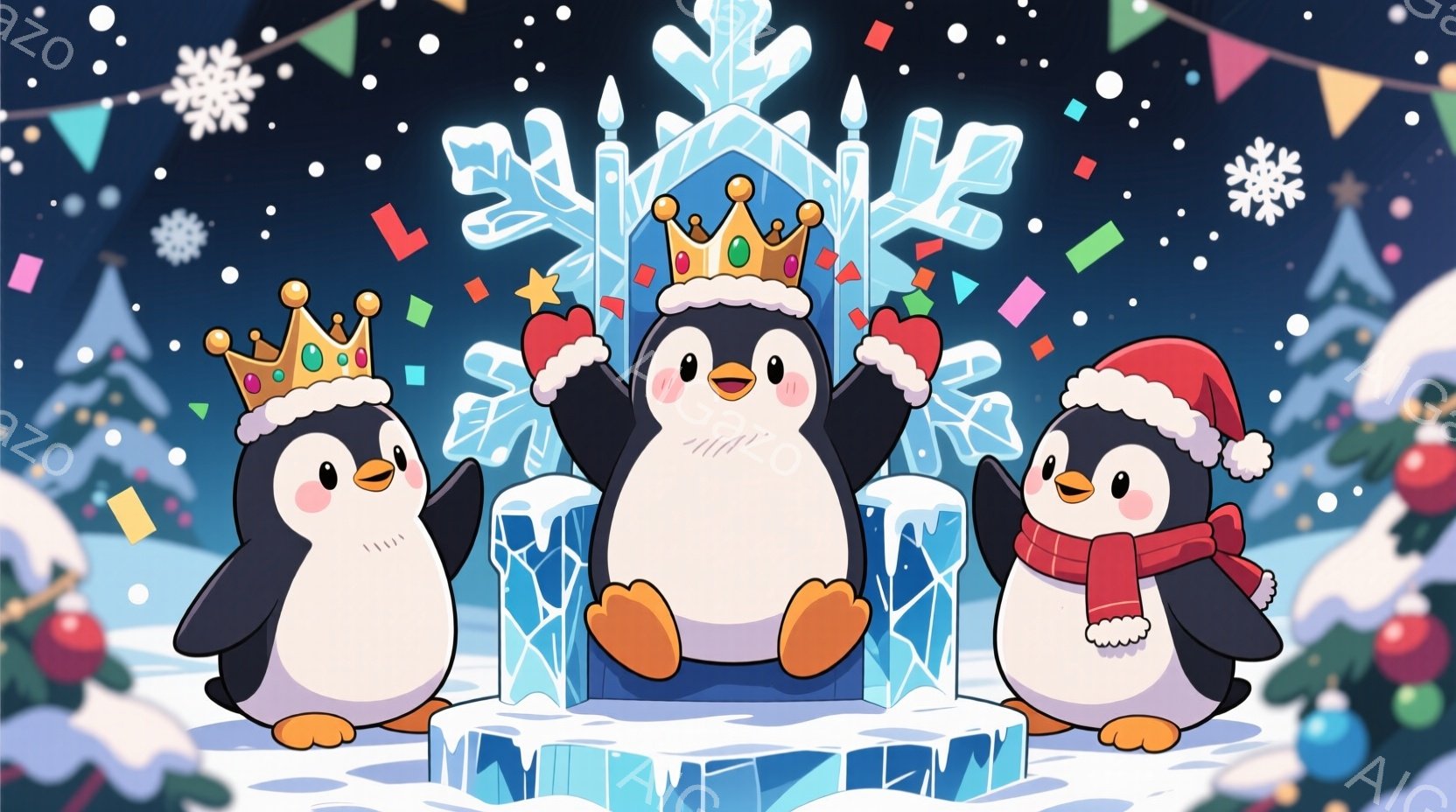 三羽のペンギンが、氷で作られた王座に座っているイラストです。中央のペンギンは王冠をかぶり、両手を広げて王のように振る舞っており、他の二羽も同じ王冠をかぶって微笑んでいます。背景にはクリスマスツリーや紙吹雪が描かれ、雪が降る冬の楽しい雰囲気が表現されています。