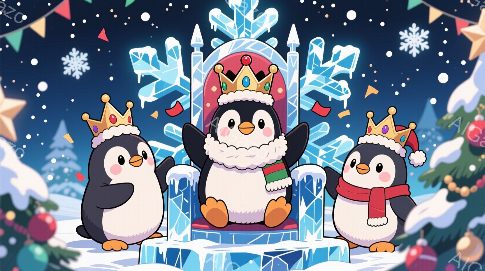 3羽のペンギンが、雪と氷でできた王座を背景に描かれています。中央のペンギンは豪華な毛皮の襟と赤いスカーフを身につけ、王冠をかぶって王座に座っており、誇らしげな表情をしています。左右のペンギンも小さな王冠をかぶり、それぞれ異なるポーズで立っており、背景にはクリスマスツリーや雪の結晶が散りばめられ、冬の祝祭の雰囲気を作り出しています。