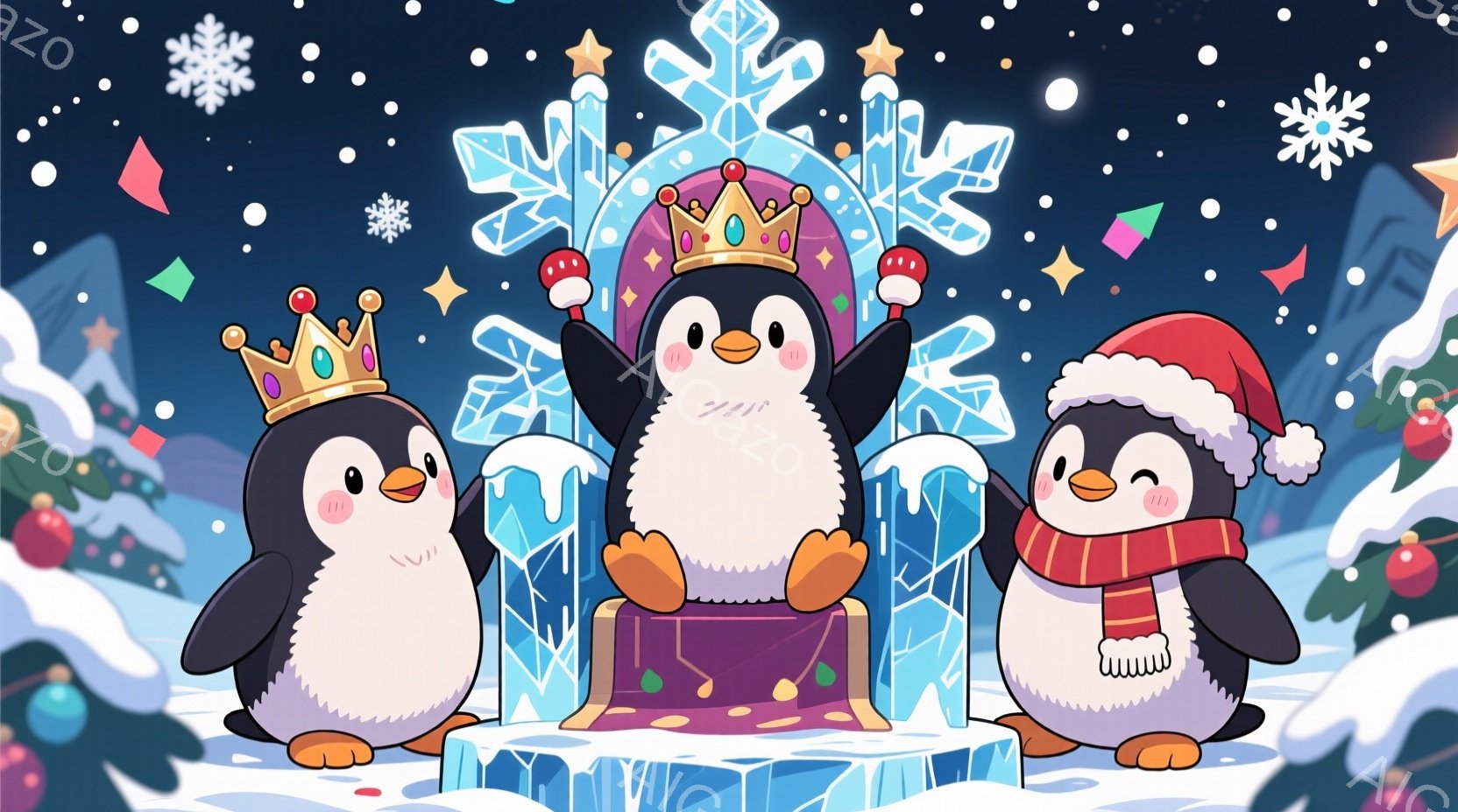 三羽のペンギンが雪景色の中で描かれています。中央のペンギンは王冠を被り、玉座に座って両手を上げて勝利を宣言しているようです。他の二羽のペンギンは、それぞれ王冠とクリスマス帽子を被り、可愛らしい表情で玉座の左右に立っています。