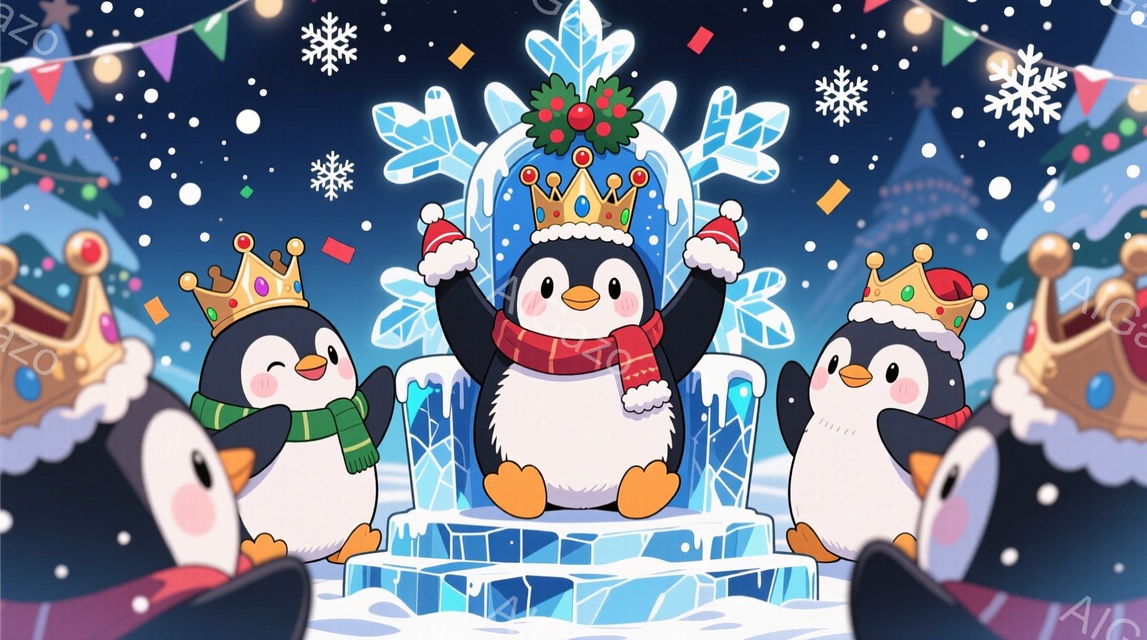 ３匹のペンギンがそれぞれ王冠をかぶり、雪景色の中で楽しそうに手を広げています。背景には氷の彫刻のようなものが立ち並び、雪片が舞い散る冬の幻想的な雰囲気が漂っています。全体的に明るく可愛らしいイラストで - AI生成フリー素材