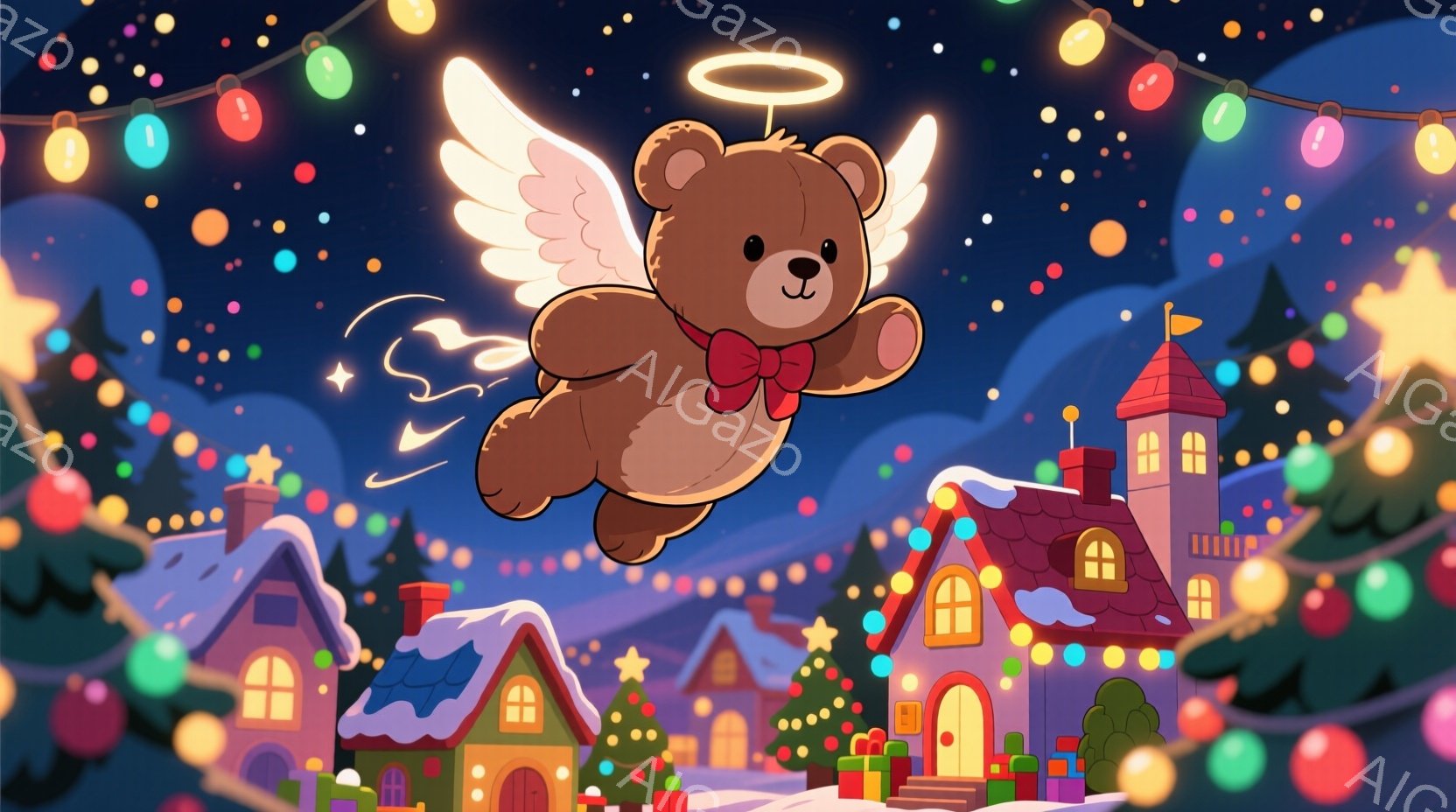 ふわふわの茶色のテディベアが、白い翼と光輪をつけて空を飛んでいます。背景には雪で覆われた可愛らしい家々が並び、色とりどりのイルミネーションが輝き、プレゼントの山が積まれています。全体的に暖かく、お祝い - AI生成フリー素材
