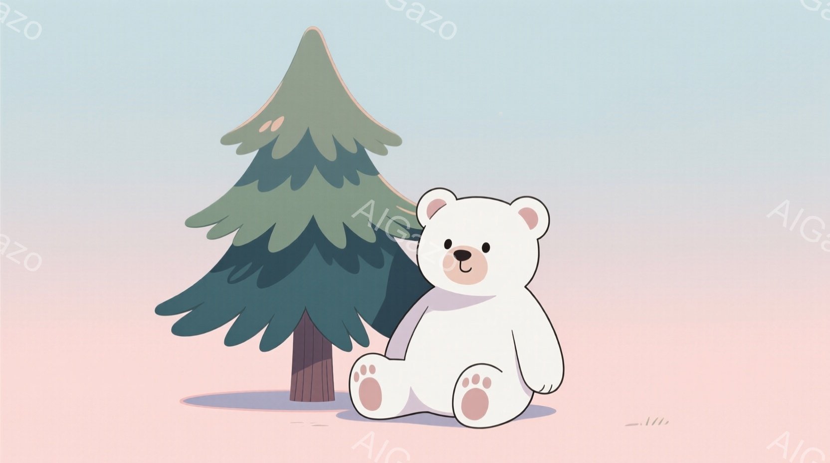 白い熊が緑色の木にもたれて座っています。熊は丸い体格で、ピンク色の足の裏が見えています。背景は淡いピンク色で、草が生えている様子がわずかに見られ、全体的に穏やかで可愛らしい雰囲気です。
