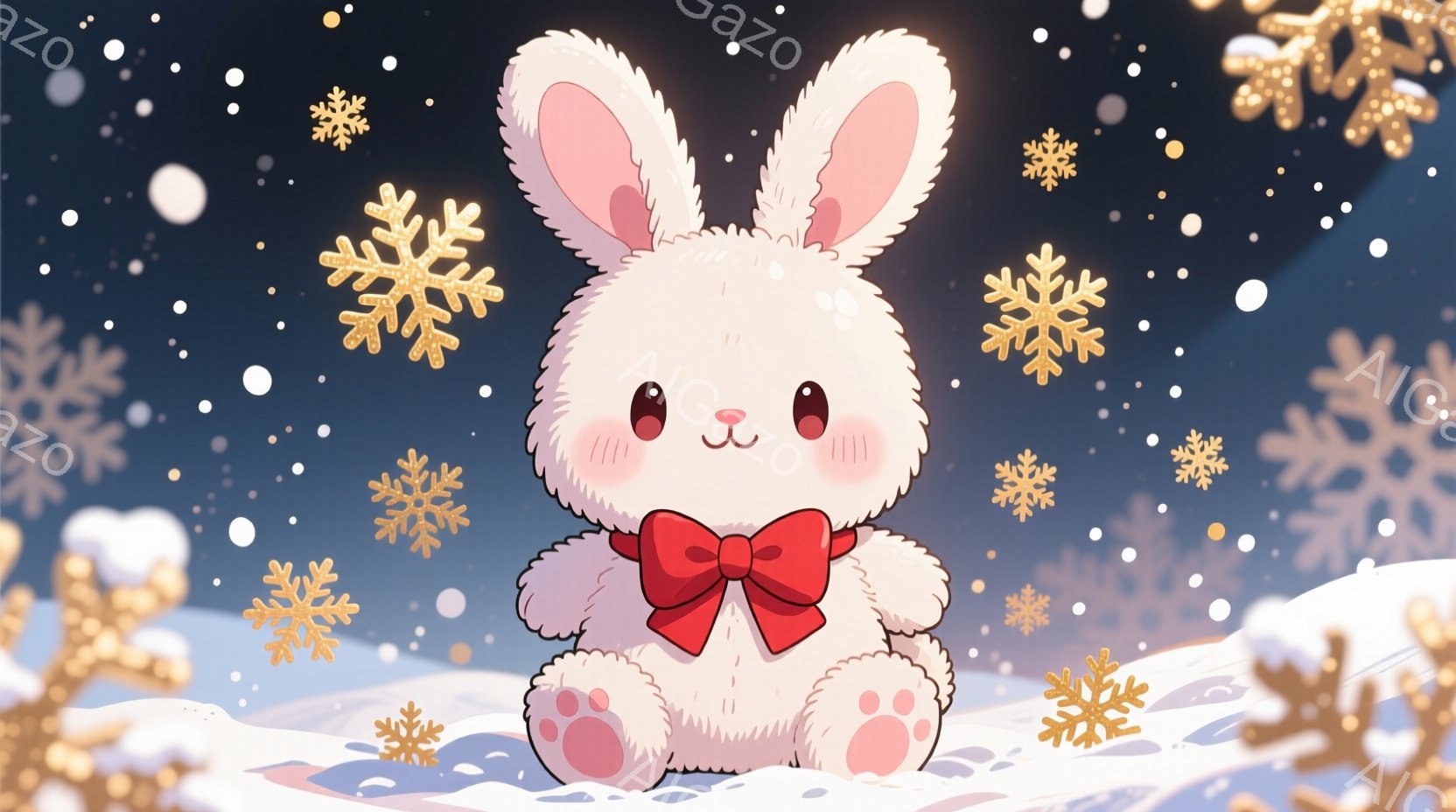 白いふわふわのうさぎが雪景色の中に座っています。赤いリボンをつけており、つぶらな瞳とほんのりとした頬の赤みが可愛らしい表情を強調しています。背景には金色の雪の結晶が舞い、幻想的で温かい雰囲気を醸し出しています。