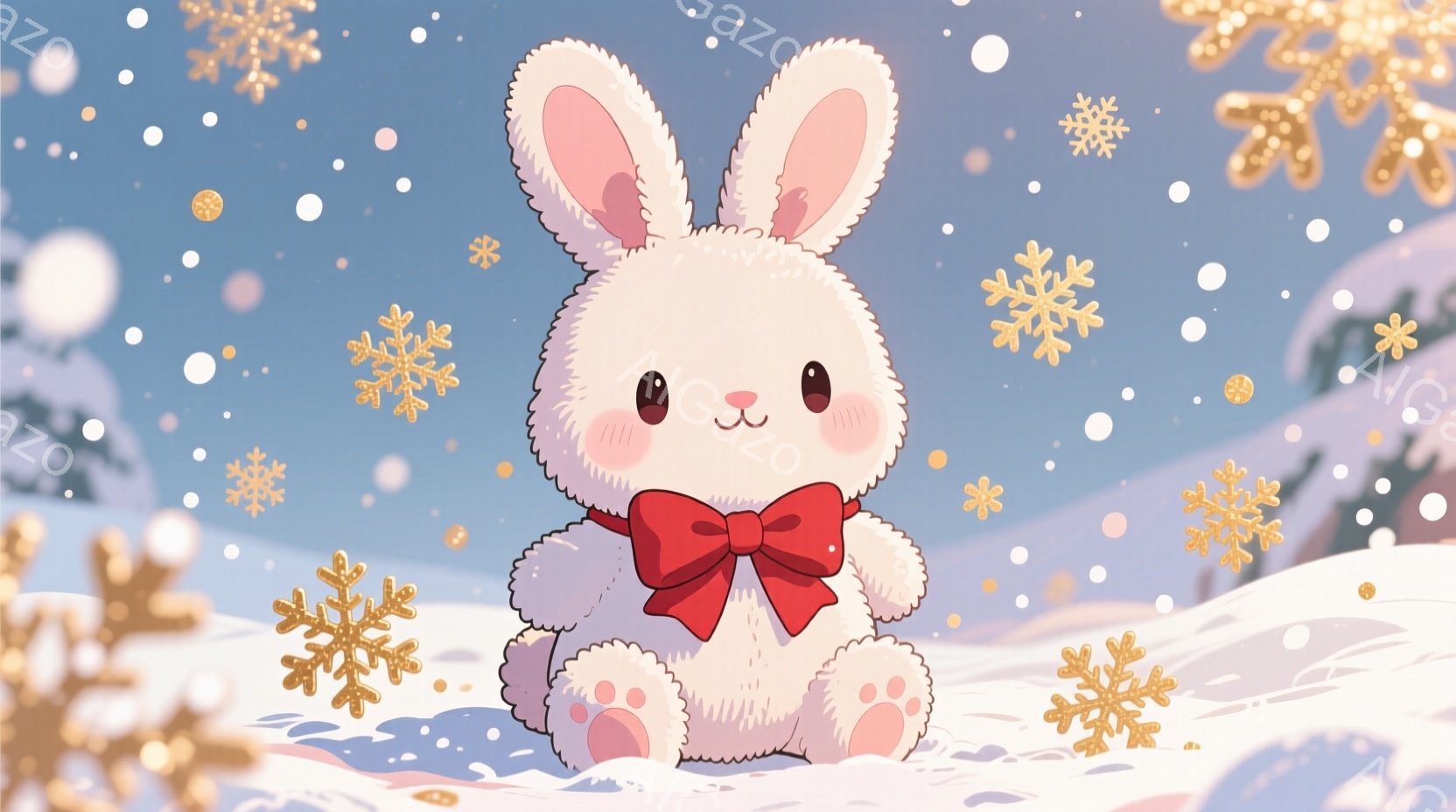 白い毛並みの可愛らしい子ウサギが、赤いリボンを首に巻いて座っています。つぶらな瞳とほのかな笑顔が印象的で、ふっくらとした手足が愛らしさを引き立てています。背景には雪が舞い、金色の雪の結晶が散りばめられ - AI生成フリー素材