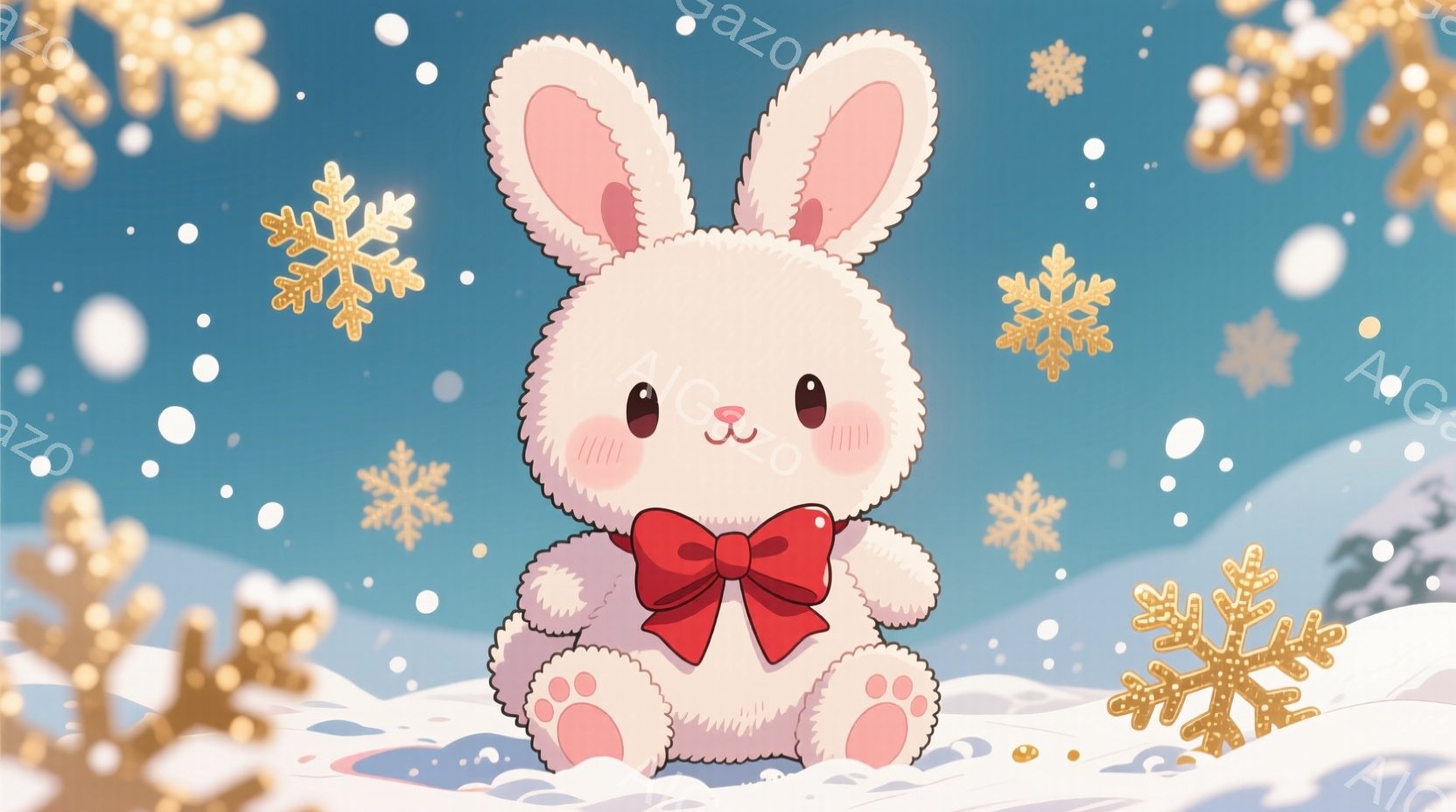 ふわふわの白いウサギが雪の上に座っており、赤いリボンを首に結んでいます。ウサギは丸くて愛らしい顔をしており、ピンクの頬が可愛らしさを引き立てています。背景には金色の雪の結晶が舞い散り、雪景色の中に温かさとファンタジーの雰囲気を添えています。