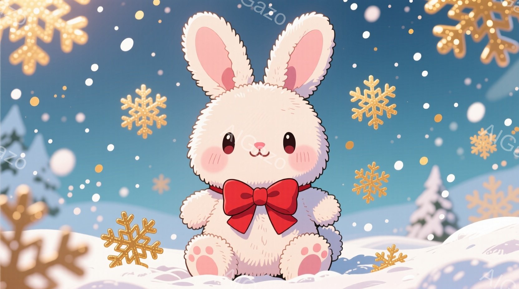 白いふわふわのウサギが雪の中に座っており、赤いリボンを首に結んでいます。ウサギは丸い頬で微笑み、愛らしい表情をしています。背景には雪の降る冬の森が広がっており、雪片が舞い、全体的に温かく優しい雰囲気を醸し出しています。