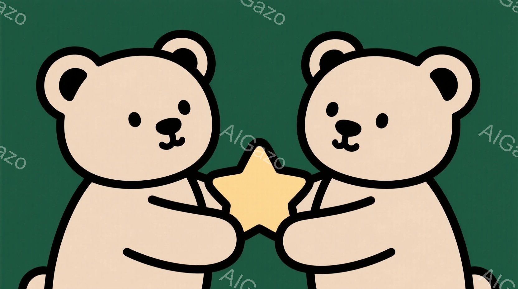 2匹のクリーム色のクマが寄り添い、金色の星を両手で持っています。クマたちは丸い体型で、つぶらな瞳と短い手足が特徴です。背景は濃い緑色で、クマたちの可愛らしさを引き立てています。 - AI生成フリー素材