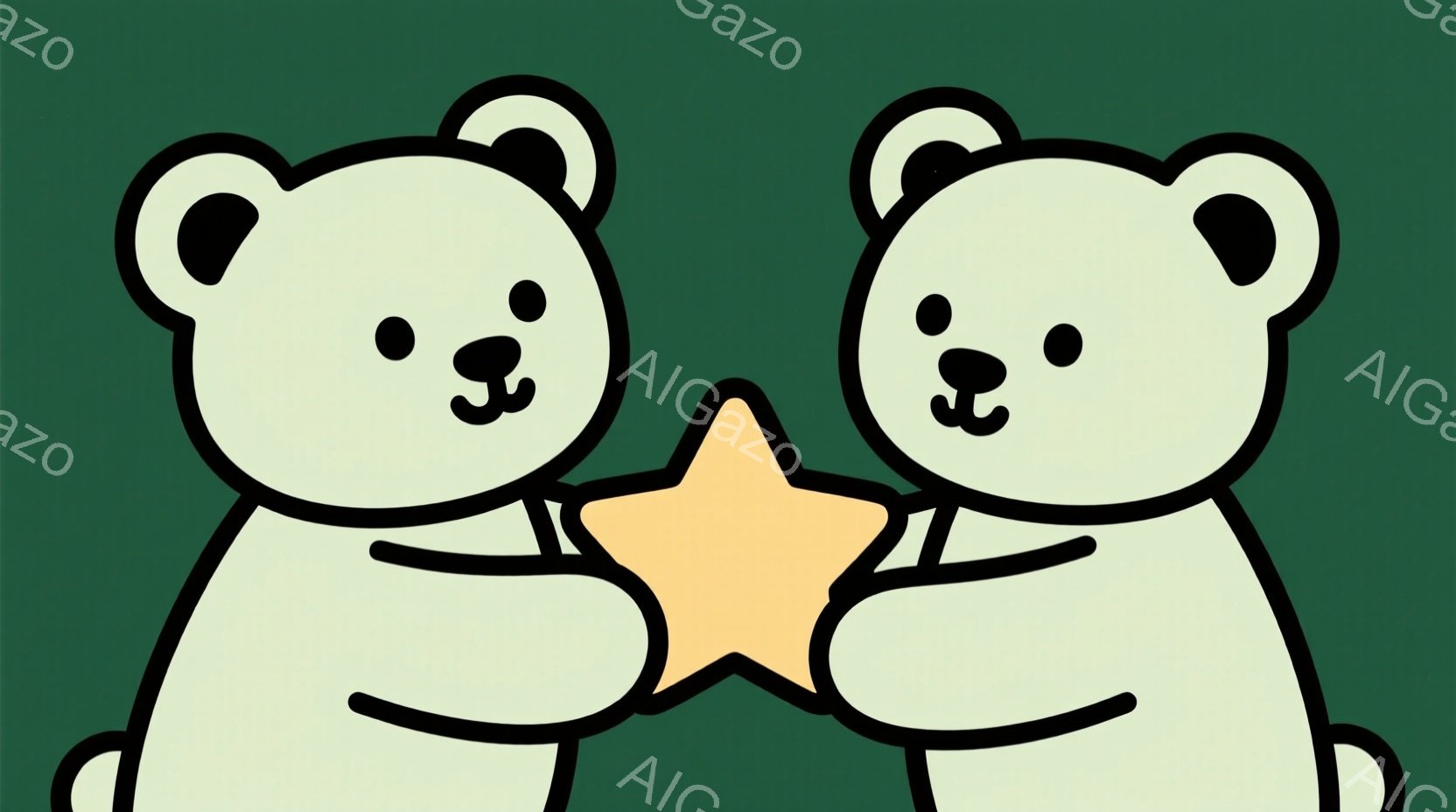 白いクマのキャラクターが2匹、金色の星を両手で抱えています。クマたちは丸みを帯びたフォルムで、愛らしい表情をしています。背景は濃い緑色で、シンプルながらも温かみのある雰囲気を醸し出しています。 - AI生成フリー素材