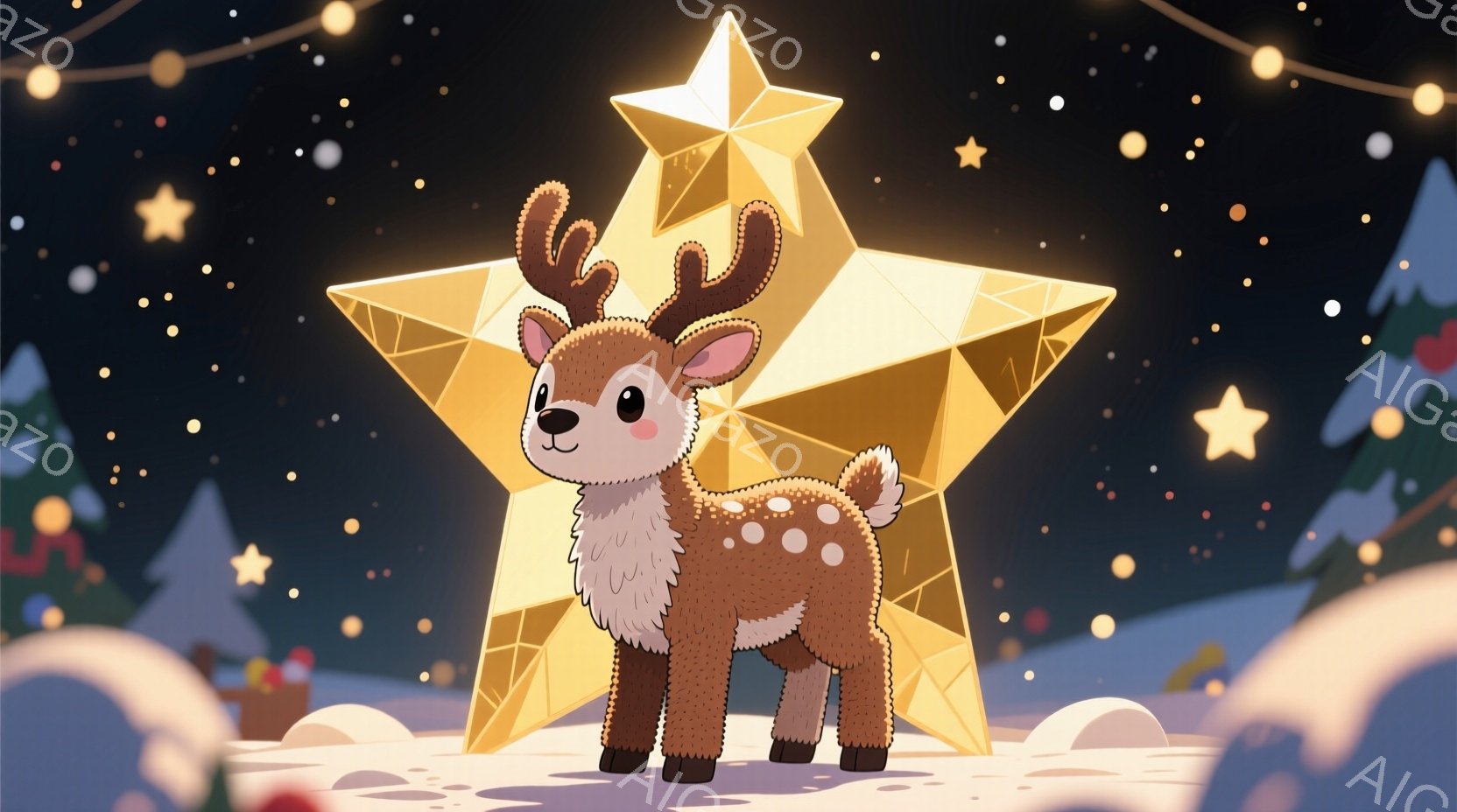 可愛らしい子鹿が、光り輝く大きな星の前で立っています。子鹿は茶色の体毛で覆われ、白い斑点と短い角を持っています。背景には雪景色と、ぼんやりとしたクリスマスツリーのシルエットが見え、全体的に温かく幻想的な雰囲気を醸し出しています。
