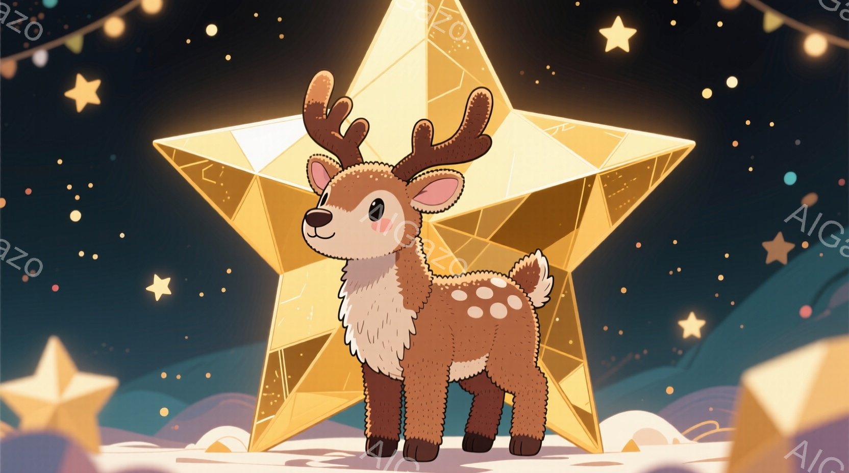 可愛らしい子鹿が、光り輝く大きな星の前に立っている。鹿は茶色い体毛で覆われ、白い斑点模様があり、優しい表情をしている。背景は暗い空に金色の星が散りばめられ、まるで夢のような幻想的な雰囲気を醸し出している。