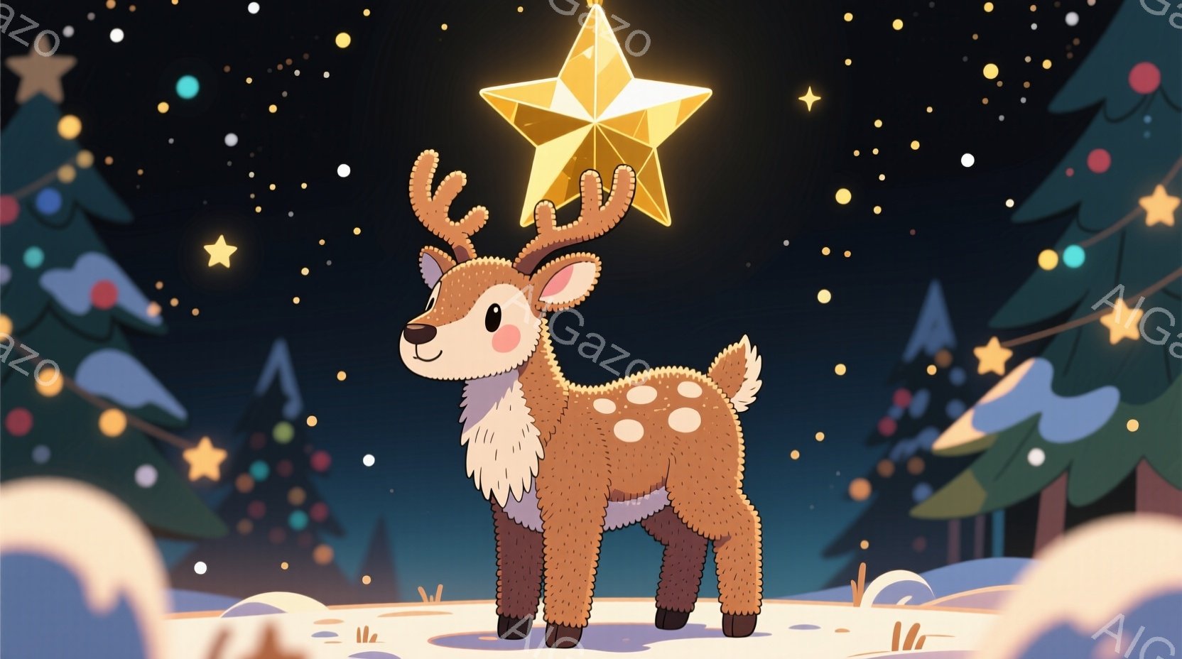 可愛らしい子鹿が、頭に輝く星をつけて立っています。背景には、雪景色の中にシルエットで描かれた針葉樹林があり、夜空には無数の星が散りばめられています。全体的に暖かく、幻想的な雰囲気で、クリスマスのカードのような印象を与えます。