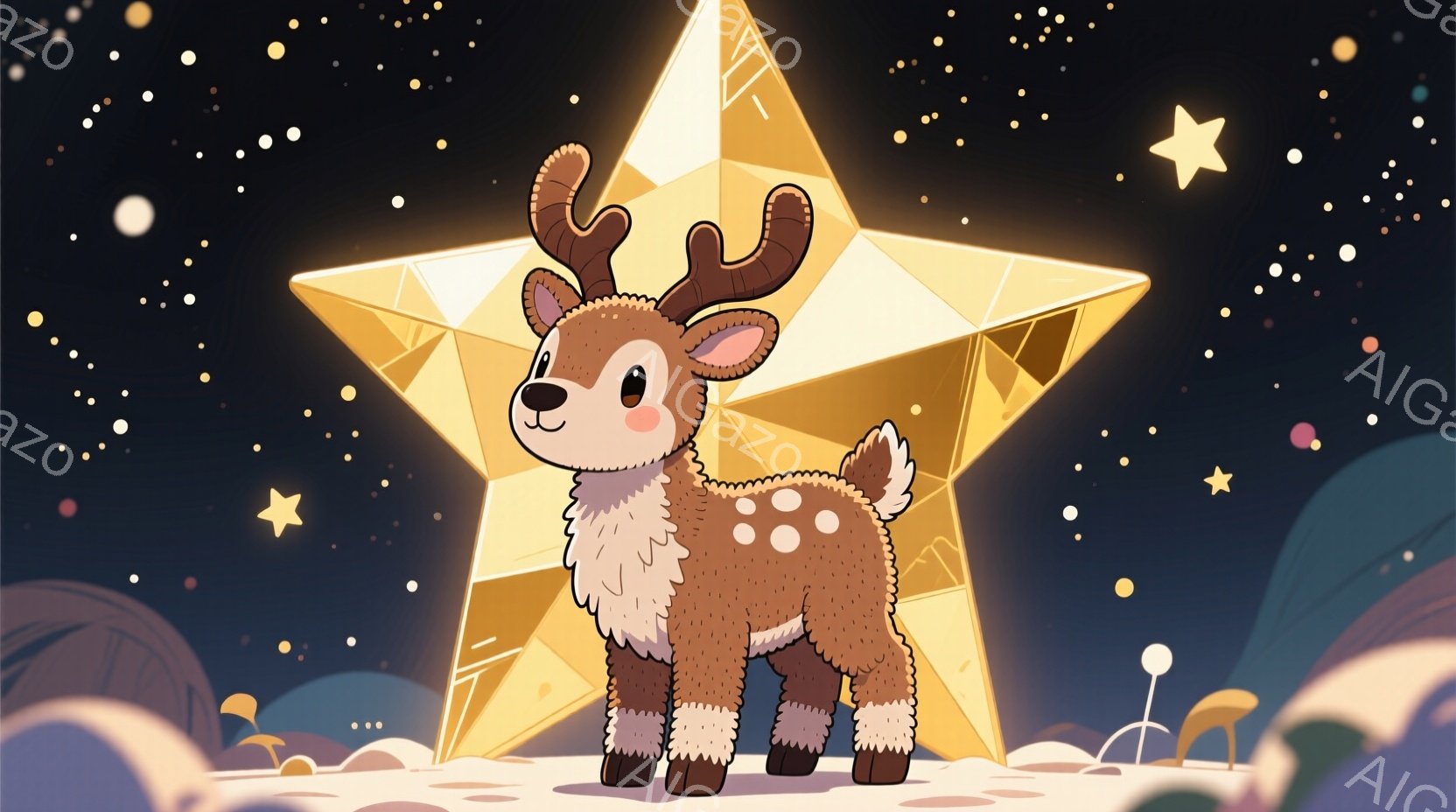 可愛らしい子鹿が、輝く大きな星の前に立っています。子鹿は茶色の毛並みで、白い足元にはフリルが付いており、表情は穏やかで可愛らしいです。背景は夜空をイメージしており、星やキノコのようなオブジェクトが散りばめられ、幻想的な雰囲気を醸し出しています。
