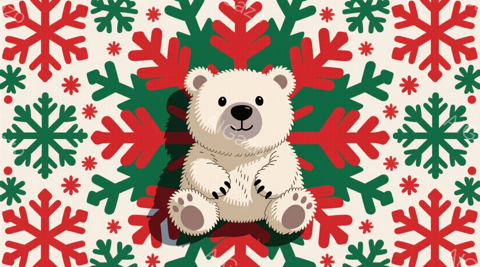 白いテディベアが中央に座っており、優しい表情を浮かべています。背景は、赤と緑のスノーフレーク模様が全体に広がり、冬の季節感を演出しています。全体的に温かく、ほのぼのとした雰囲気で、クリスマスの装飾とし - AI生成フリー素材