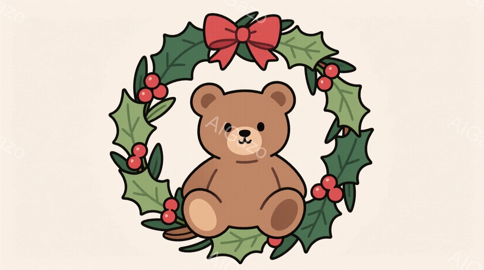 茶色いテディベアが、赤い実と葉で飾られたクリスマスリースの中に座っています。ベアは丸くて可愛らしいフォルムで、穏やかな表情をしています。背景は淡いベージュ色で、全体的に暖かく、お祝いの雰囲気が漂っています。