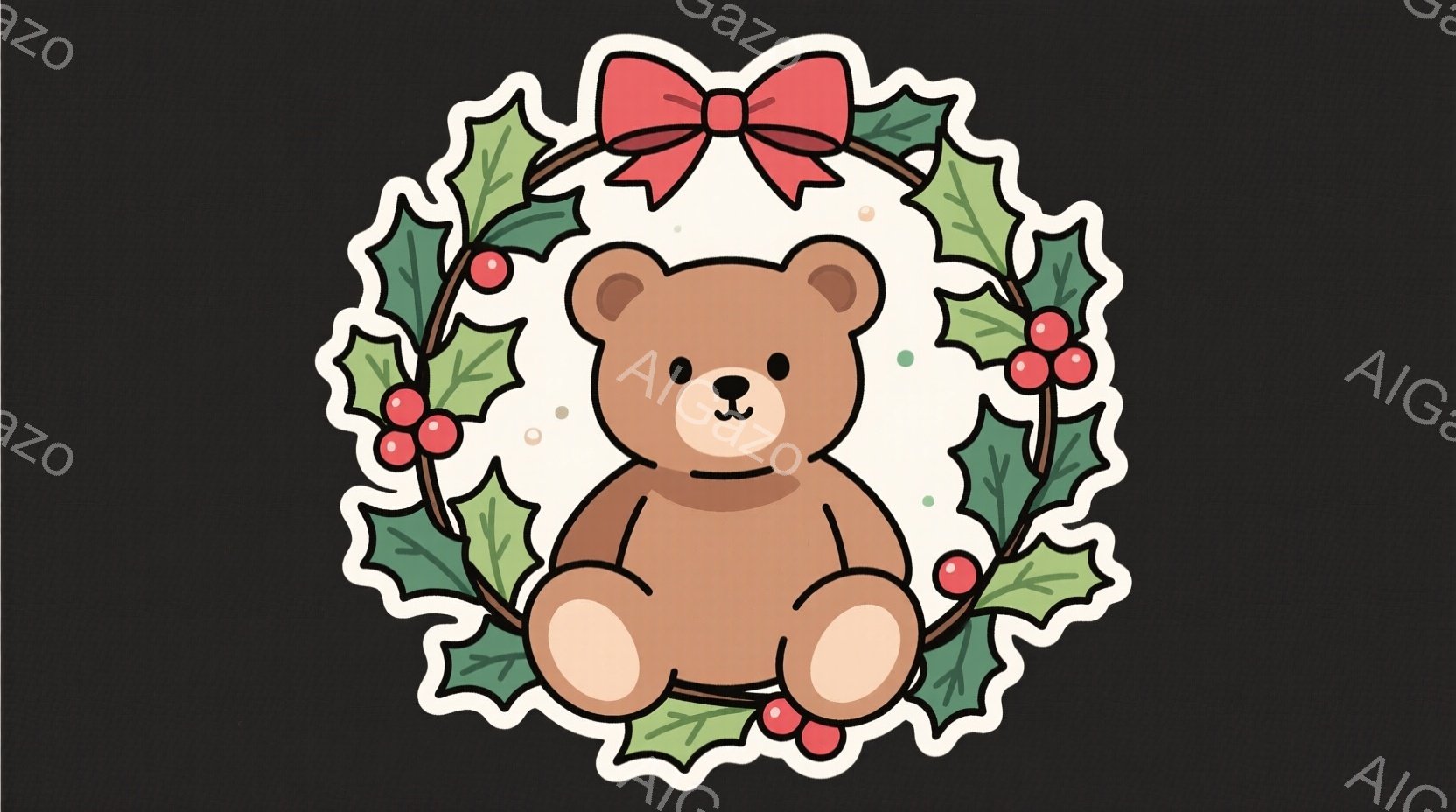 茶色のテディベアが、赤い実のついた葉っぱのリースの中に座っています。ベアはシンプルで可愛らしい表情をしており、丸いフォルムが特徴的です。背景は白く、全体的に温かみのあるクリスマスの雰囲気を感じさせます。