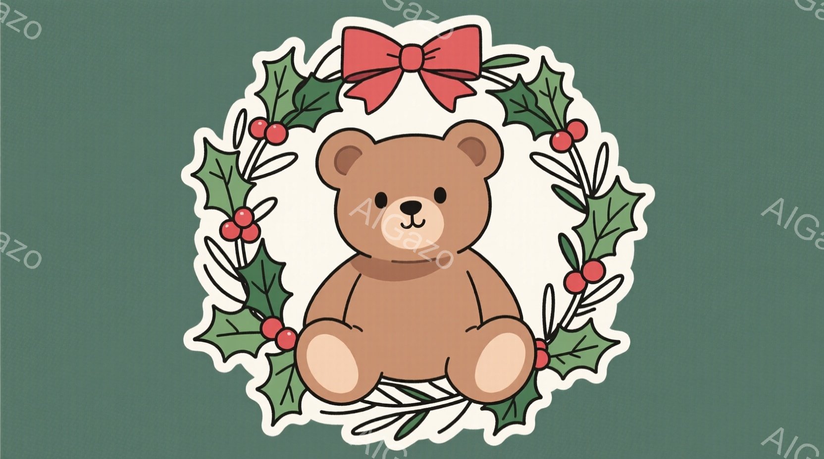 茶色のテディベアが、赤いリボンと赤い実の付いたホーリーのリースの中に座っています。ベアは丸い体型で、穏やかな表情をしています。背景は単色の濃い緑色で、ホーリーのリースがベアを囲んでおり、温かく可愛らしい雰囲気です。