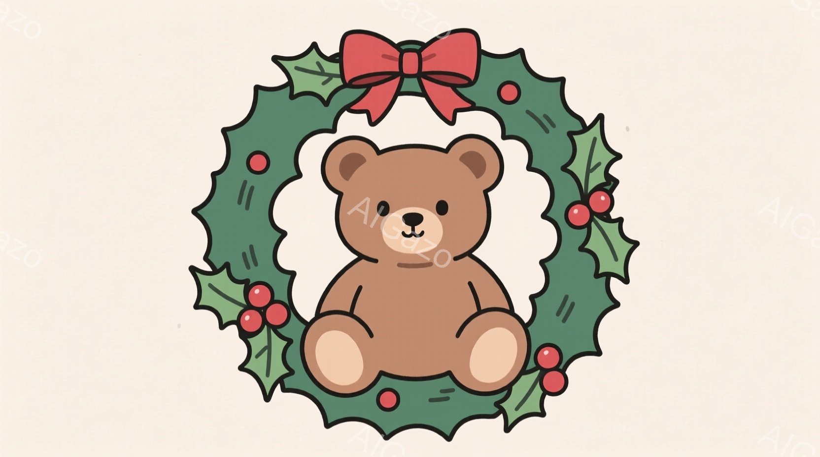 暖かく柔らかな茶色のテディベアが、赤い実と緑の葉で飾られたクリスマスリースの中央に座っています。ベアは正面を向いており、つぶらな瞳とわずかに微笑んだ表情で、可愛らしい印象を与えます。背景は淡いベージュ色で、全体的に温かく、クリスマスの祝祭感を漂わせる雰囲気です。