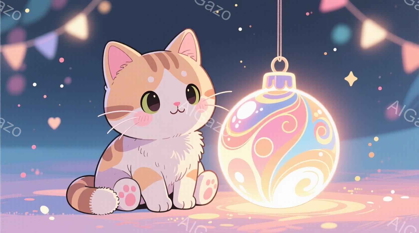 暖色系の背景に、オレンジと白のまだら模様の猫が丸まって座っています。猫は大きな、虹色に光るオーナメントの横に座り、つぶらな瞳でこちらを見つめています。背景には、ぼんやりとしたピンクと紫のグラデーションと、小さな光の粒子が散りばめられており、幻想的な雰囲気を醸し出しています。