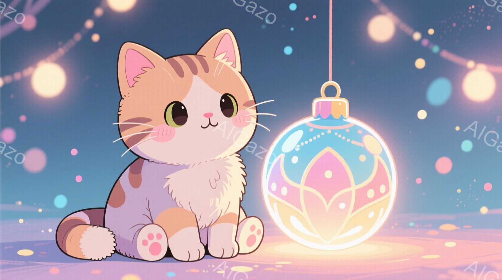 オレンジと白のまだら模様の猫が、丸いクリスマスのオーナメントの前に座っています。猫は大きな目とピンクの鼻を持ち、穏やかで甘い表情をしています。背景は淡いピンクと紫のグラデーションで、小さな光が散りばめ - AI生成フリー素材